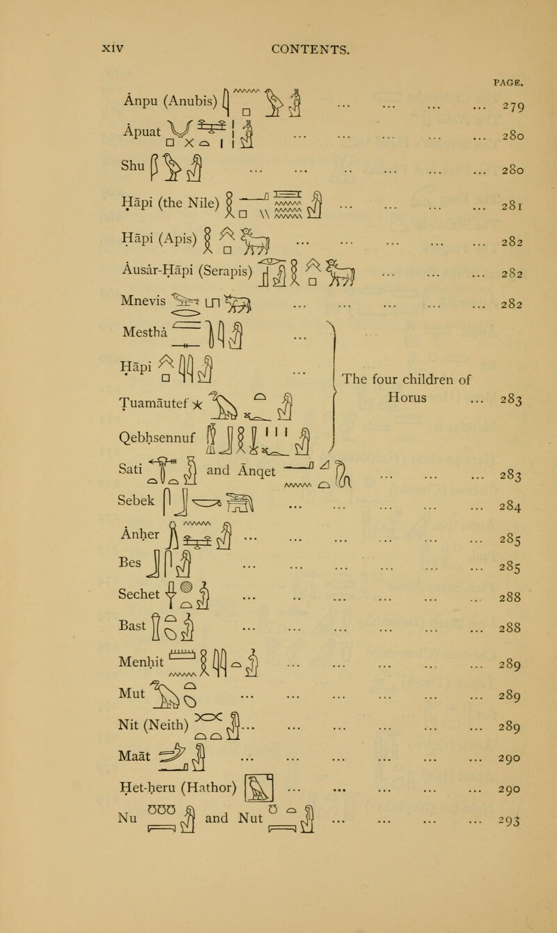 Anpu (Anubis) (I v\ ^ Apuat V ^^ I ^ shup^l ... . Hapi (the Nile) □ » \ AAAAAA Hapi(Apis)|A^ . Ausar-Hapi (Serapis) rjj) § Mnevis ^^^ m ^^ Mestha ^^^ ll (1 ;^ Tuamautef >i< n ^ The four children of Horus Qebbsennuf IJII^^ Sebek P J ^3; Aiiher A ^ ^ .^ Sechet 4 ^ J) Bast Menhit M Mut ^^ Nit(Neith)^^^ J. Maat Het-heru (Hathor) ^1 Nu 000 and Nut O c. PAGE. 279 280 280 282 283 283 284 285 285 289 289 289 290 290 293