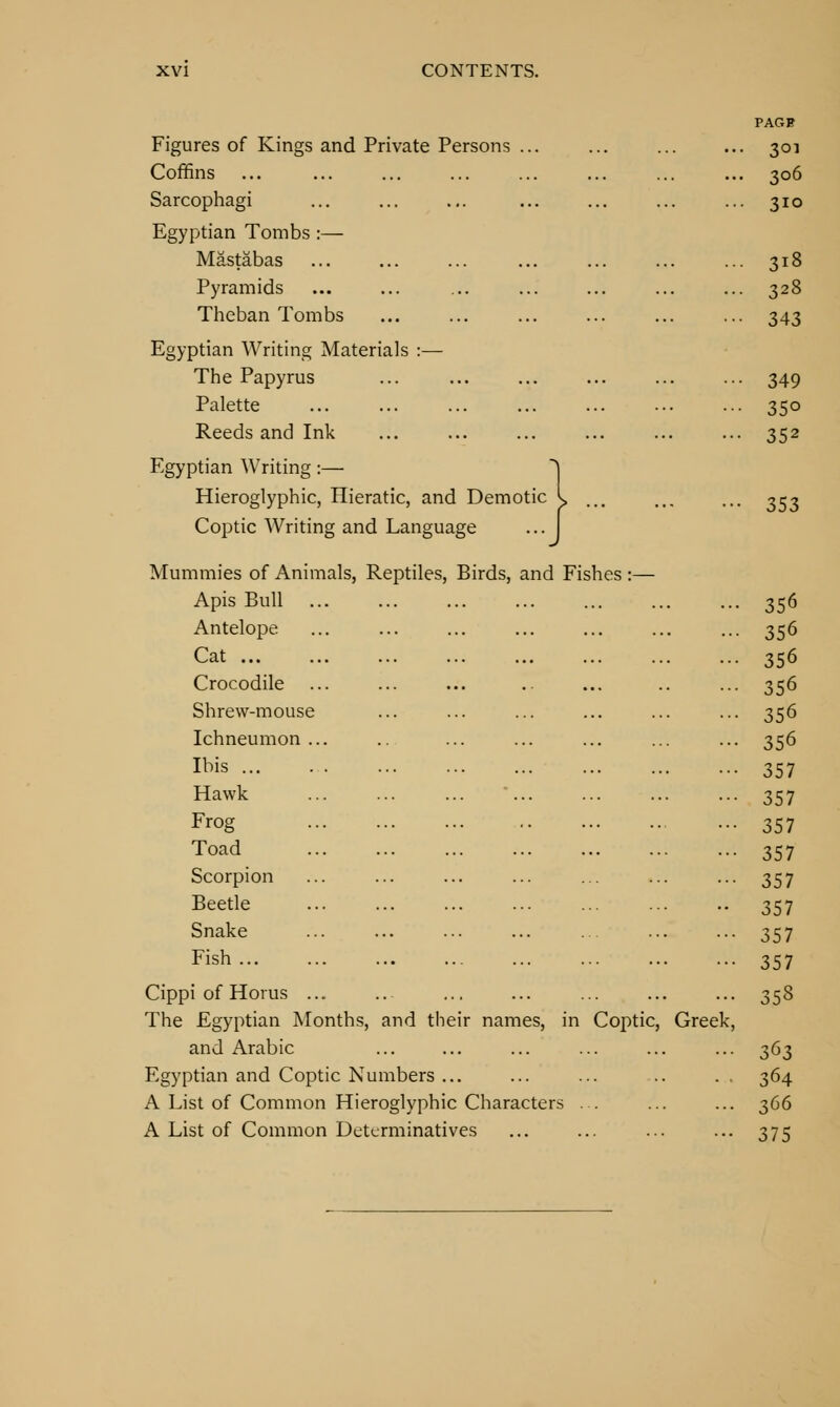 PAGB Figures of Kings and Private Persons ... ... ... ... 301 Coffins ... ... ... ... ... ... ... ... 306 Sarcophagi ... ... ... ... ... ... ... 310 Egyptian Tombs :— Mastabas ... ... ... ... ... ... ... 318 Pyramids ... ... ... ... ... ... ... 328 Theban Tombs ... ... ... ... ... ... 343 Egyptian Writing Materials :— The Papyrus ... ... ... ... ... ... 349 Palette ... ... ... ... ... ... ... 350 Reeds and Ink ... ... ... ... ... ... 352 Egyptian Writing :— ^ Hieroglyphic, Hieratic, and Demotic s ... ... ... 353 Coptic Writing and Language ... I Mummies of Animals, Reptiles, Birds, and Fishes :— Apis Bull 356 Antelope ... ... ... ... ... ... ... 356 Cat 356 Crocodile ... ... ... .. ... .. ... 356 Shrew-mouse ... ... ... ... ... ... 356 Ichneumon... .. ... ... ... ... ... 356 Ibis 357 Hawk 357 Frog 357 Toad 357 Scorpion ... ... ... ... ... ... ... 357 Beetle 357 Snake 357 Fish 357 Cippi of Horus ... .. ... ... ... ... ... 358 The Egyptian Months, and their names, in Coptic, Greek, and Arabic ... ... ... ... ... ... 363 Egyptian and Coptic Numbers ... ... ... .. .. 364 A List of Common Hieroglyphic Characters .. ... ... 366 A List of Common Determinatives ... ... ... ... 375