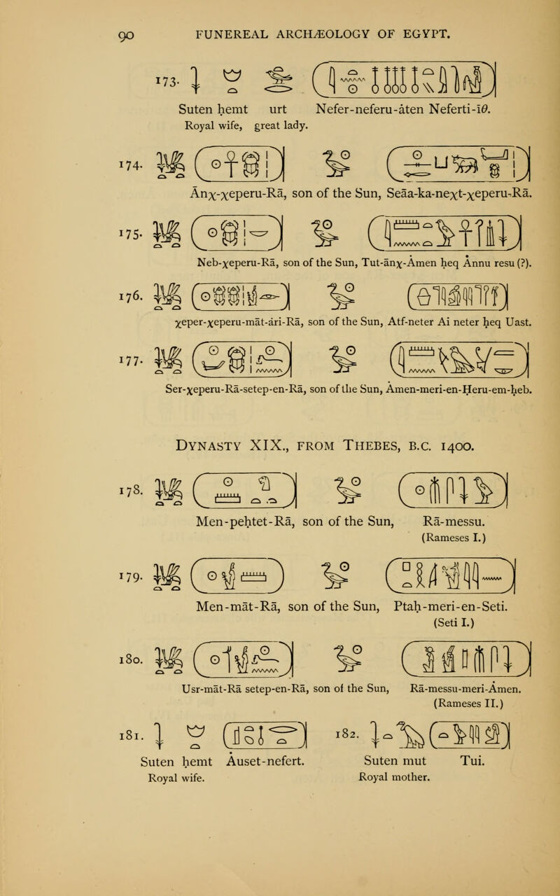 Suten hemt urt Nefer-neferu-aten Neferti-i0. Royal wife, great lady. 174. ^\#^ ( O mn ^Ij^UJ a Anx-xeperu-Ra, son of the Sun, Seaa-ka-next-xeperu-Ra. 175- 1^(33 ^ OlSiKI Neb-xeperu-Ra, son of the Sun, Tut-anx-Amen heq Annu resu (?). .76. m c^fii^i ^ (oi^iffrfi Xeper-xeperu-mat-ari-Ra, son of the Sun, Atf-neter Ai neter heq Uast. 177. Ser-xeperu-Ra-setep-en-Ra, son of the Sun, Amen-meri-en-Heru-em-heb. Dynasty XIX., from Thebes, b.c. 1400. -9 o -«■ m CSS PTO Men-pehtet-Ra, son of the Sun, Ra-messu. (Rameses L) ...;^g^3 ^« GMIH Men-mat-Ra, son of the Sun, Ptah-meri-en-Seti. (Seti L) -■ m GHS] ^° QM Usr-mat-Ra setep-en-Ra, son of the Sun, Ra-messu-meri-Amen. (Rameses IL) Suten hemt Auset-nefert. Royal wife. Suten mut Tui. Royal mother.