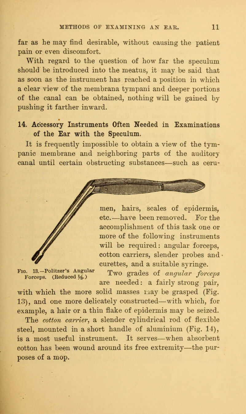 far as he may find desirable, without causing the patient pain or even discomfort. With regard to the question of how far the speculum should be introduced into the meatus, it may be said that as soon as the instrument has reached a position in which a clear view of the membrana tympani and deeper portions of the canal can be obtained, nothing will be gained by pushing it farther inward. 14. Accessory Instruments Often Needed in Examinations of the Ear with the Speculum. It is frequently impossible to obtain a view of the tym- panic membrane and neighboring parts of the auditory canal until certain obstructing substances—such as ceru- men, hairs, scales of epidermis, etc.—have been removed. For the accomplishment of this task one or more of the following instruments will be required: angular forceps, cotton carriers, slender probes and curettes, and a suitable syringe. norc'ep^cSldX)1 TW° 8radeS °f <W'lar f°™I» are needed: a fairly strong pair, with which the more solid masses may be grasped (Fig. 13), and one more delicately constructed—with which, for example, a hair or a thin flake of epidermis may be seized. The cotton carrier, a slender cylindrical rod of flexible steel, mounted in a short handle of aluminium (Fig. 14), is a most useful instrument. It serves—when absorbent cotton has been wound around its free extremity—the pur- poses of a mop.