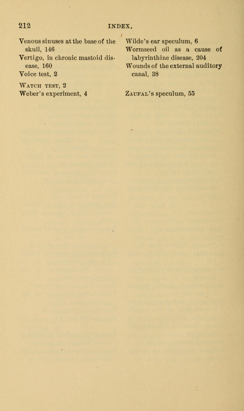 Venous sinuses at the base of the skull, 146 Vertigo, in chronic mastoid dis- ease, 160 Voice test, 2 Watch test, 2 Weber's experiment, 4 Wilde's ear speculum, 6 Wormseed oil as a cause of labyrinthine disease, 204 Wounds of the external auditory canal, 38 Zaufal's speculum, 55