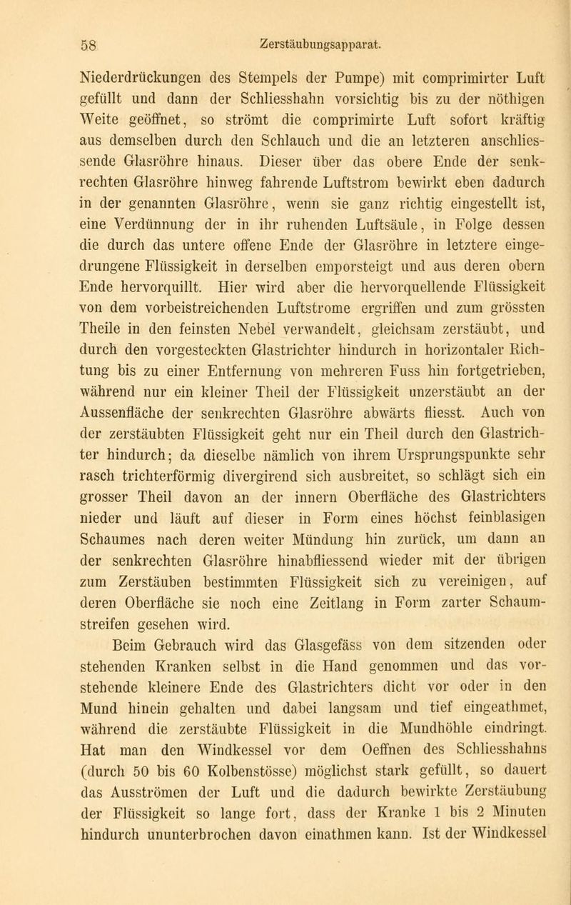 Niederdrückungen des Stempels der Pumpe) mit comprimirter Luft gefüllt und dann der Schliesshahn vorsichtig bis zu der nöthigen Weite geöffnet, so strömt die comprimirte Luft sofort kräftig aus demselben durch den Schlauch und die an letzteren anschlies- sende Glasröhre hinaus. Dieser über das obere Ende der senk- rechten Glasröhre hinweg fahrende Luftstrom bewirkt eben dadurch in der genannten Glasröhre, wenn sie ganz richtig eingestellt ist, eine Verdünnung der in ihr ruhenden Luftsäule, in Folge dessen die durch das untere offene Ende der Glasröhre in letztere einge- drungene Flüssigkeit in derselben emporsteigt und aus deren obern Ende hervorquillt. Hier wird aber die hervorquellende Flüssigkeit von dem vorbeistreichenden Luftstrome ergriffen und zum grössten Theile in den feinsten Nebel verwandelt, gleichsam zerstäubt, und durch den vorgesteckten Glastrichter hindurch in horizontaler Rich- tung bis zu einer Entfernung von mehreren Fuss hin fortgetrieben, während nur ein kleiner Theil der Flüssigkeit unzerstäubt an der Aussenfläche der senkrechten Glasröhre abwärts fliesst. Auch von der zerstäubten Flüssigkeit geht nur ein Theil durch den Glastrich- ter hindurch; da dieselbe nämlich von ihrem Ursprungspunkte sehr rasch trichterförmig divergirend sich ausbreitet, so schlägt sich ein grosser Theil davon an der innern Oberfläche des Glastrichters nieder und läuft auf dieser in Form eines höchst feinblasigen Schaumes nach deren weiter Mündung hin zurück, um dann an der senkrechten Glasröhre hinabfliessend wieder mit der übrigen zum Zerstäuben bestimmten Flüssigkeit sich zu vereinigen, auf deren Oberfläche sie noch eine Zeitlang in Form zarter Schaum- streifen gesehen wird. Beim Gebrauch wird das Glasgefäss von dem sitzenden oder stehenden Kranken selbst in die Hand genommen und das vor- stehende kleinere Ende des Glastrichters dicht vor oder in den Mund hinein gehalten und dabei langsam und tief eingeathmet, während die zerstäubte Flüssigkeit in die Mundhöhle eindringt. Hat man den Windkessel vor dem Oeffnen des Schliesshahns (durch 50 bis 60 Kolbenstösse) möglichst stark gefüllt, so dauert das Ausströmen der Luft und die dadurch bewirkte Zerstäubung der Flüssigkeit so lange fort, dass der Kranke 1 bis 2 Minuten hindurch ununterbrochen davon einathmen kann. Ist der Windkessel