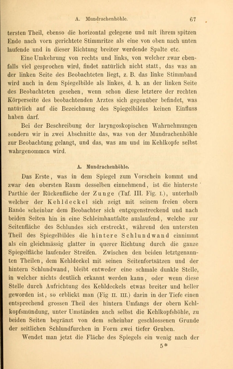 tersten Theil, ebenso die horizontal gelegene und mit ihrem spitzen Ende nach vorn gerichtete Stimmritze als eine von oben nach unten laufende und in dieser Richtung breiter werdende Spalte etc. Eine Umkehrung von rechts und links, von welcher zwar eben- falls viel gesprochen wird, findet natürlich nicht statt, das was an der linken Seite des Beobachteten liegt, z. B. das linke Stimmband wird auch in dem Spiegelbilde als linkes, d. h. an der linken Seite des Beobachteten gesehen, wenn schon diese letztere der rechten Körperseite des beobachtenden Arztes sich gegenüber befindet, was natürlich auf die Bezeichnung des Spiegelbildes keinen Einfluss haben darf. Bei der Beschreibung der laryngoskopischen Wahrnehmungen sondern wir in zwei Abschnitte das, was von der Mundrachenhöhle zur Beobachtung gelangt, und das, was am und im Kehlkopfe selbst wahrgenommen wird. A. Mundrachenhöhle. Das Erste, was in dem Spiegel zum Vorschein kommt und zwar den obersten Raum desselben einnehmend, ist die hinterste Parthie der Rückenfläche der Zunge (Taf. III. Fig. I.), unterhalb welcher der Kehldeckel sich zeigt mit seinem freien obern Rande scheinbar dem Beobachter sich entgegenstreckend und nach beiden Seiten hin in eine Schleimhautfalte auslaufend, welche zur Seitenfläche des Schlundes sich erstreckt, während den untersten Theil des Spiegelbildes die hintere Schlund wand einnimmt als ein gleichmässig glatter in querer Richtung durch die ganze Spiegelfläche laufender Streifen. Zwischen den beiden letztgenann- ten Theilen, dem Kehldeckel mit seinen Seitenfortsätzen und der hintern Schlundwand, bleibt entweder eine schmale dunkle Stelle, in welcher nichts deutlich erkannt werden kann, oder wenn diese Stelle durch Aufrichtung des Kehldeckels etwas breiter und heller geworden ist, so erblickt man (Fig IL Hl.) darin in der Tiefe einen entsprechend grossen Theil des hintern Umfangs der obern Kehl- kopfsmündung, unter Umständen auch selbst die Kehlkopfshöhle, zu beiden Seiten begränzt von dem scheinbar geschlossenen Grunde der seitlichen Schlundfurchen in Form zwei tiefer Gruben. Wendet man jetzt die Fläche des Spiegels ein wenig nach der 5*