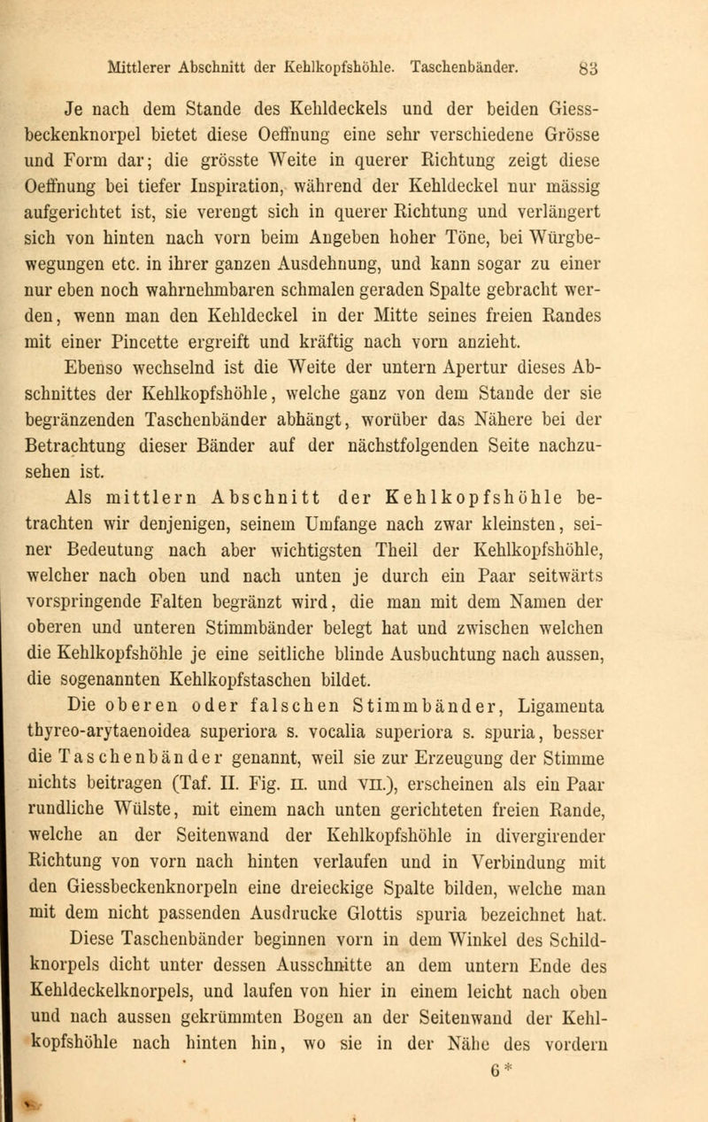 Je nach dem Stande des Kehldeckels und der beiden Giess- beckenknorpel bietet diese Oeffnung eine sehr verschiedene Grösse und Form dar; die grösste Weite in querer Richtung zeigt diese Oeffnung bei tiefer Inspiration, während der Kehldeckel nur massig aufgerichtet ist, sie verengt sich in querer Richtung und verlängert sich von hinten nach vorn beim Angeben hoher Töne, bei Würgbe- wegungen etc. in ihrer ganzen Ausdehnung, und kann sogar zu einer nur eben noch wahrnehmbaren schmalen geraden Spalte gebracht wer- den, wenn man den Kehldeckel in der Mitte seines freien Randes mit einer Pincette ergreift und kräftig nach vorn anzieht. Ebenso wechselnd ist die Weite der untern Apertur dieses Ab- schnittes der Kehlkopfshöhle, welche ganz von dem Stande der sie begränzenden Taschenbänder abhängt, worüber das Nähere bei der Betrachtung dieser Bänder auf der nächstfolgenden Seite nachzu- sehen ist. Als mittlem Abschnitt der Kehlkopfs höhle be- trachten wir denjenigen, seinem Umfange nach zwar kleinsten, sei- ner Bedeutung nach aber wichtigsten Theil der Kehlkopfshöhle, welcher nach oben und nach unten je durch ein Paar seitwärts vorspringende Falten begränzt wird, die man mit dem Namen der oberen und unteren Stimmbänder belegt hat und zwischen welchen die Kehlkopfshöhle je eine seitliche blinde Ausbuchtung nach aussen, die sogenannten Kehlkopfstaschen bildet. Die oberen oder falschen Stimmbänder, Ligamenta thyreo-arytaenoidea superiora s. vocalia superiora s. spuria, besser die Taschenbänder genannt, weil sie zur Erzeugung der Stimme nichts beitragen (Taf. II. Fig. EL und vn.), erscheinen als ein Paar rundliche Wülste, mit einem nach unten gerichteten freien Rande, welche an der Seitenwand der Kehlkopfshöhle in divergirender Richtung von vorn nach hinten verlaufen und in Verbindung mit den Giessbeckenknorpeln eine dreieckige Spalte bilden, welche man mit dem nicht passenden Ausdrucke Glottis spuria bezeichnet hat. Diese Taschenbänder beginnen vorn in dem Winkel des Schild- knorpels dicht unter dessen Ausschnitte an dem untern Ende des Kehldeckelknorpels, und laufen von hier in einem leicht nach oben und nach aussen gekrümmten Bogen an der Seitenwand der Kehl- kopfshöhle nach hinten hin, wo sie in der Nähe des vordem 6*