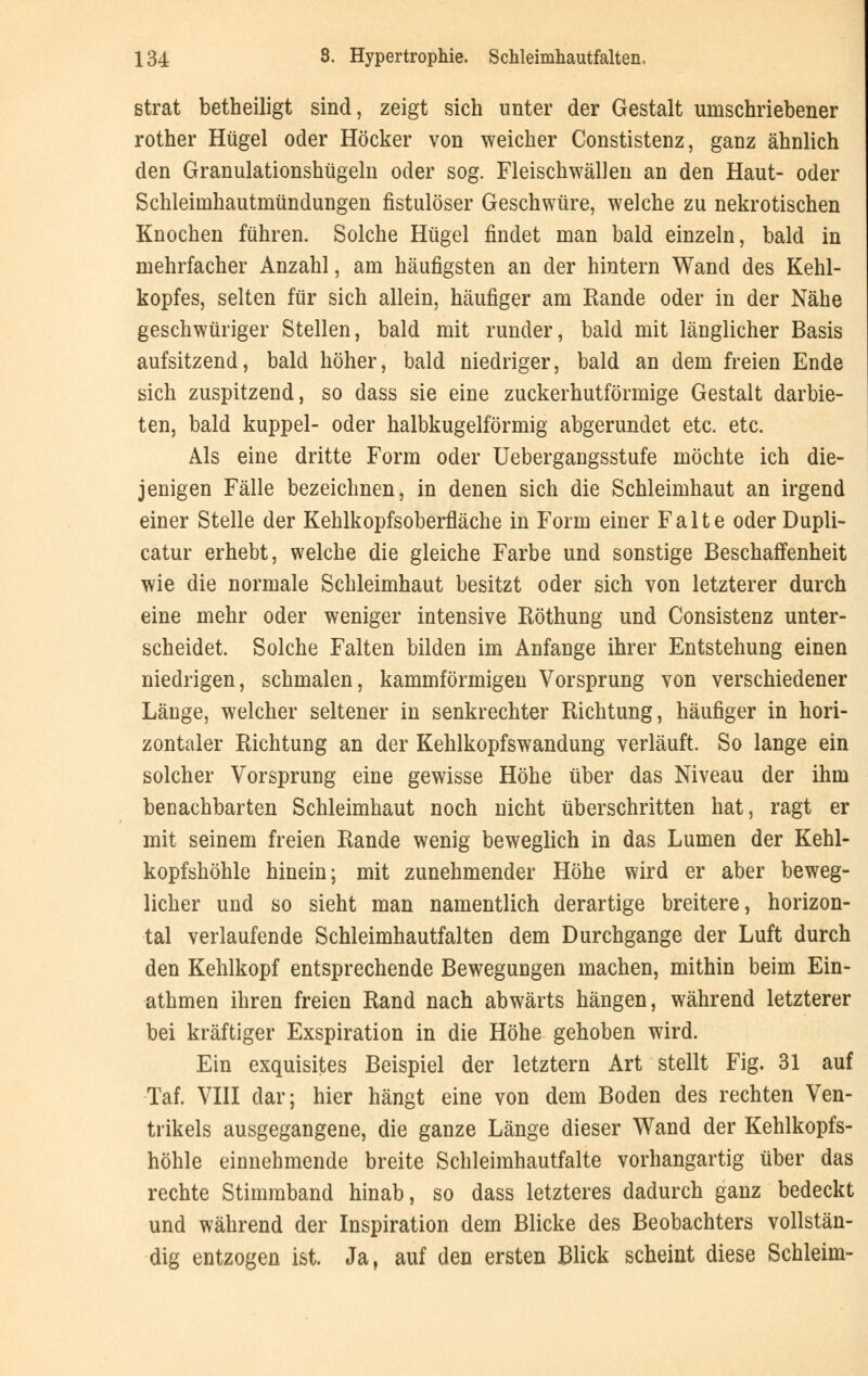 strat betheiligt sind, zeigt sich unter der Gestalt umschriebener rother Hügel oder Höcker von weicher Constistenz, ganz ähnlich den Granulationshügeln oder sog. Fleischwällen an den Haut- oder Schleimhautmündungen fistulöser Geschwüre, welche zu nekrotischen Knochen führen. Solche Hügel findet man bald einzeln, bald in mehrfacher Anzahl, am häufigsten an der hintern Wand des Kehl- kopfes, selten für sich allein, häufiger am Rande oder in der Nähe geschwüriger Stellen, bald mit runder, bald mit länglicher Basis aufsitzend, bald höher, bald niedriger, bald an dem freien Ende sich zuspitzend, so dass sie eine zuckerhutförmige Gestalt darbie- ten, bald kuppel- oder halbkugelförmig abgerundet etc. etc. Als eine dritte Form oder Uebergangsstufe möchte ich die- jenigen Fälle bezeichnen, in denen sich die Schleimhaut an irgend einer Stelle der Kehlkopfsoberfläche in Form einer Falte oderDupli- catur erhebt, welche die gleiche Farbe und sonstige Beschaffenheit wie die normale Schleimhaut besitzt oder sich von letzterer durch eine mehr oder weniger intensive Röthung und Consistenz unter- scheidet. Solche Falten bilden im Anfange ihrer Entstehung einen niedrigen, schmalen, kammförmigen Vorsprung von verschiedener Länge, welcher seltener in senkrechter Richtung, häufiger in hori- zontaler Richtung an der Kehlkopfswandung verläuft. So lange ein solcher Vorsprung eine gewisse Höhe über das Niveau der ihm benachbarten Schleimhaut noch nicht überschritten hat, ragt er mit seinem freien Rande wenig beweglich in das Lumen der Kehl- kopfshöhle hinein; mit zunehmender Höhe wird er aber beweg- licher und so sieht man namentlich derartige breitere, horizon- tal verlaufende Schleimhautfalten dem Durchgange der Luft durch den Kehlkopf entsprechende Bewegungen machen, mithin beim Ein- athmen ihren freien Rand nach abwärts hängen, während letzterer bei kräftiger Exspiration in die Höhe gehoben wird. Ein exquisites Beispiel der letztern Art stellt Fig. 31 auf Taf. VIII dar; hier hängt eine von dem Boden des rechten Ven- trikels ausgegangene, die ganze Länge dieser Wand der Kehlkopfs- höhle einnehmende breite Schleimhautfalte vorhangartig über das rechte Stimmband hinab, so dass letzteres dadurch ganz bedeckt und während der Inspiration dem Blicke des Beobachters vollstän- dig entzogen ist. Ja, auf den ersten Blick scheint diese Schleim-