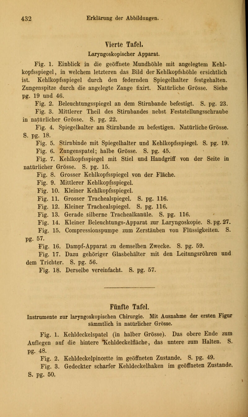 Vierte Tafel, Laryngoskopischer Apparat. Fig. 1. Einblick in die geoffnete Mundhohle mit angelegtem Kehl- kopfsspiegel, in welcheni letzteren das Bild der Kehlkopfshohle ersichtlich ist. Kehlkopfsspiegel durch den federnden Spiegelhalter festgehalten. Zungenspitze durch die angelegte Zange fixirt. Natiirliche Grosse. Siehe pg. 19 und 46. Fig. 2. Beleuchtungsspiegel an dem Stirnbande befestigt. S. pg. 23. Fig. 3. Mittlerer Theil des Stirnbandes nebst Feststellungsschraube in naturlicher Grosse. S. pg. 22. Fig. 4. Spiegelhalter am Stirnbande zu befestigen. Natiirliche Grosse. S. pg. 18. Fig. 5. Stirnbinde mit Spiegelhalter und Kehlkopfsspiegel. S. pg. 19. Fig. 6. Zungenspatel; halbe Grosse. S. pg. 45. Fig. 7. Kehlkopfsspiegel mit Stiel und Handgriff von der Seite in naturlicher Grosse. S. pg. 15. Fig. 8. Grosser Kehlkopfsspiegel von der Flache. Fig. 9. Mittlerer Kehlkopfsspiegel. Fig. 10. Kleiner Kehlkopfsspiegel. Fig. 11. Grosser Trachealspiegel. S. pg. 116. Fig. 12. Kleiner Trachealspiegel. S. pg. 116. Fig. 13. Gerade silberne Trachealkaniile. S. pg. 116. Fig. 14. Kleiner Beleuchtungs-Apparat zur Laryngoskopie. S. pg. 27. Fig. 15. Compressionspumpe zum Zerstauben von Fliissigkeiten. S. pg. 57. Fig. 16. Dampf-Apparat zu demselben Zwecke. S. pg. 59. Fig. 17. Dazu gehoriger Glasbehalter mit den Leitungsrohren und dem Trichter. S. pg. 56. Fig. 18. Derselbe vereinfacht. S. pg. 57. Fiinfte Tafel. Instrumente zur laryngoskopischen Chirurgie. Mit Ausnahme der ersten Figur sammtlich in naturlicher Grosse. Fig. 1. Kehldeckelspatel (in halber Grosse). Das obere Ende zum Auflegen auf die hintere 'Kehldeckelflache, das untere zum Halten. S. pg. 48. Fig. 2. Kehldeckelpincette im geoffneten Zustande. S. pg. 49. Fig. 3. Gedeckter scharfer Kehldeckelhaken im geoffneten Zustande.