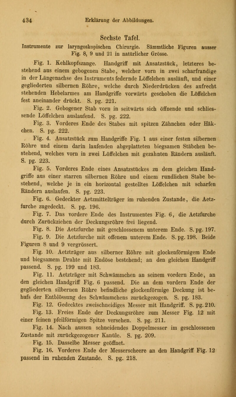 Sechste Tafel. Instrumente zur laryngoskopischen Cliirurgie. Sammtliche Figuren ausser Fig. 8, 9 und 21 in natiirlicher Grosse. Fig. 1. Kehlkopfszange. Handgriff mit Ansatzstuck, letzteres be- stehend aus einem gebogeiien Stabe, welcher vorn in zwei scharfrandige in der Langenachse des Instruments federnde Loffelchen auslauft, und einer gegliederten silbernen Rohre, welche durch Niederdrucken des aufrecht stehenden Hebelarmes am Handgriffe vorwarts geschoben die Loffelchen fest aneinander driickt. S. pg. 221. Fig. 2. Gebogener Stab vorn in seitwarts sich offnende und schlies- sende Loffelchen auslaufend. S. pg. 222. Fig. 3. Vorderes Ende des Stabes mit spitzen Zahnchen oder Hak- chen. S. pg. 222. Fig. 4. Ansatzstuck zum Handgriffe Fig. 1 aus einer festen silbernen Rohre und einem darin laufenden abgeplatteten biegsamen Stabchen be- stehend, welches vorn in zwei Loffelchen mit gezahnten Randern auslauft. S. pg. 223. Fig. 5. Vorderes Ende eines Ansatzsttickes zu dem gleichen Hand- griffe aus einer starren silbernen Rohre und einem rundlichen Stabe be- stehend, welche je in ein horizontal gestelltes Loffelchen mit scharfen Randern auslaufen. S. pg. 223. Fig. 6. Gedeckter Aetzmitteltrager im ruhenden Zustande, die Aetz- furche zugedeckt. S. pg. 196. Fig. 7. Das vordere Ende des Instrumentes Fig. 6, die Aetzfurche durch Zurfickziehen der Deckungsrbhre frei liegend. Fig. 8. Die Aetzfurche mit geschlossenem unterem Ende. S. pg. 197. Fig. 9. Die Aetzfurche mit offenem unterem Ende. S. pg. 198. Beide Figuren 8 und 9 vergrossert. Fig. 10. Aetztrager aus silberner Rohre mit glockenformigem Ende und biegsamem Drahte mit Endose bestehend; an den gleichen Handgriff passend. S. pg. 199 und 183. Fig. 11. Aetztrager mit Schwammchen an seinem vordern Ende, an den gleichen Handgriff Fig. 6 passend. Die an dem vordern Ende der gegliederten silbernen Rohre befindliche glockenformige Deckung ist be- hufs der Entblossung des Schwammchens zuriickgezogen. S. pg. 183. Fig. 12. Gedecktes zweischneidiges Messer mit Handgriff. S. pg. 210. Fig. 13. Freies Ende der Deckungsrohre zum Messer Fig. 12 mit einer feinen pfeilformigen Spitze versehen. S. pg. 211. Fig. 14. Nach aussen schneidendes Doppelmesser im geschlossenen Zustande mit zuruckgezogener Kaniile. S. pg. 209. Fig. 15. Dasselbe Messer geoffnet. Fig. 16. Vorderes Ende der Messerscheere an den Handgriff Fig. 12 passend im ruhenden Zustande. S. pg. 218.