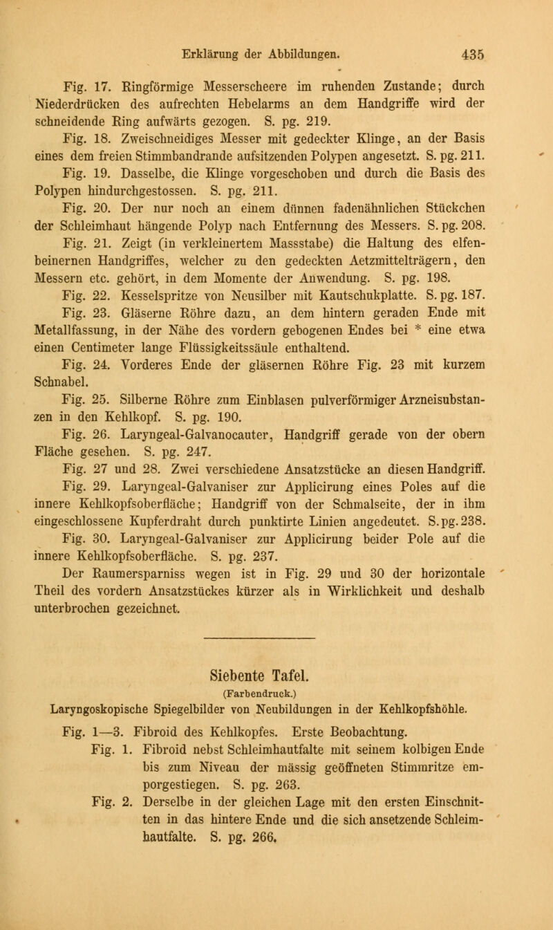 Fig. 17. Ringformige Messerscheere im ruhenden Zustande; durch Niederdriicken des aufrechten Hebelarms an dem Handgriffe wird der schneidende Ring aufwarts gezogen. S. pg. 219. Fig. 18. Zweischneidiges Messer mit gedeckter Klinge, an der Basis eines dem freien Stimmbandrande aufsitzenden Polypen angesetzt. S. pg. 211. Fig. 19. Dasselbe, die Klinge vorgeschoben und durch die Basis des Polypen hindurchgestossen. S. pg. 211. Fig. 20. Der nur noch an einem diinnen fadenahnlichen Stuckchen der Schleimhaut hangende Polyp nach Entfernung des Messers. S. pg. 208. Fig. 21. Zeigt (in verkleinertem Massstabe) die Haltung des elfen- beinernen Handgriffes, welcher zu den gedeckten Aetzmitteltragern, den Messern etc. gehort, in dem Momente der Anwendung. S. pg. 198. Fig. 22. Kesselspritze von Neusilber mit Kautschukplatte. S. pg. 187. Fig. 23. Glaserne Rohre dazn, an dem hintern geraden Ende mit Metallfassung, in der Nahe des vordern gebogenen Endes bei * eine etwa einen Centimeter lange Flussigkeitssaule enthaltend. Fig. 24. Vorderes Ende der glasernen Rohre Fig. 23 mit kurzem Schnabel. Fig. 25. Silberne Rohre zum Einblasen pulverformiger Arzneisubstan- zen in den Kehlkopf. S. pg. 190. Fig. 26. Laryngeal-Galvanocauter, Handgriff gerade von der obern Flache gesehen. S. pg. 247. Fig. 27 und 28. Zwei verschiedene Ansatzstucke an diesen Handgriff. Fig. 29. Laryngeal-Galvaniser zur Applicirung eines Poles auf die innere Kehlkopfsoberflache; Handgriff von der Schmalseite, der in ihm eingeschlossene Kupferdraht durch punktirte Linien angedeutet. S.pg.238. Fig. 30. Laryngeal-Galvaniser zur Applicirung beider Pole auf die innere Kehlkopfsoberflache. S. pg. 237. Der Raumersparniss wegen ist in Fig. 29 und 30 der horizontale Theil des vordern Ansatzstuckes kiirzer als in Wirklichkeit und deshalb unterbrochen gezeichnet. Siebente Tafel. (Farbendruck.) Laryngoskopische Spiegelbilder von Neubildungen in der Kehlkopfshohle. Fig. 1—3. Fibroid des Kehlkopfes. Erste Beobachtung. Fig. 1. Fibroid nebst Schleimhautfalte mit seinem kolbigenEnde bis zum Niveau der massig geoffneten Stimmritze em- porgestiegen. S. pg. 263. Fig. 2. Derselbe in der gleichen Lage mit den ersten Einschnit- ten in das hintere Ende und die sich ansetzende Schleim- hautfalte. S. pg. 266.