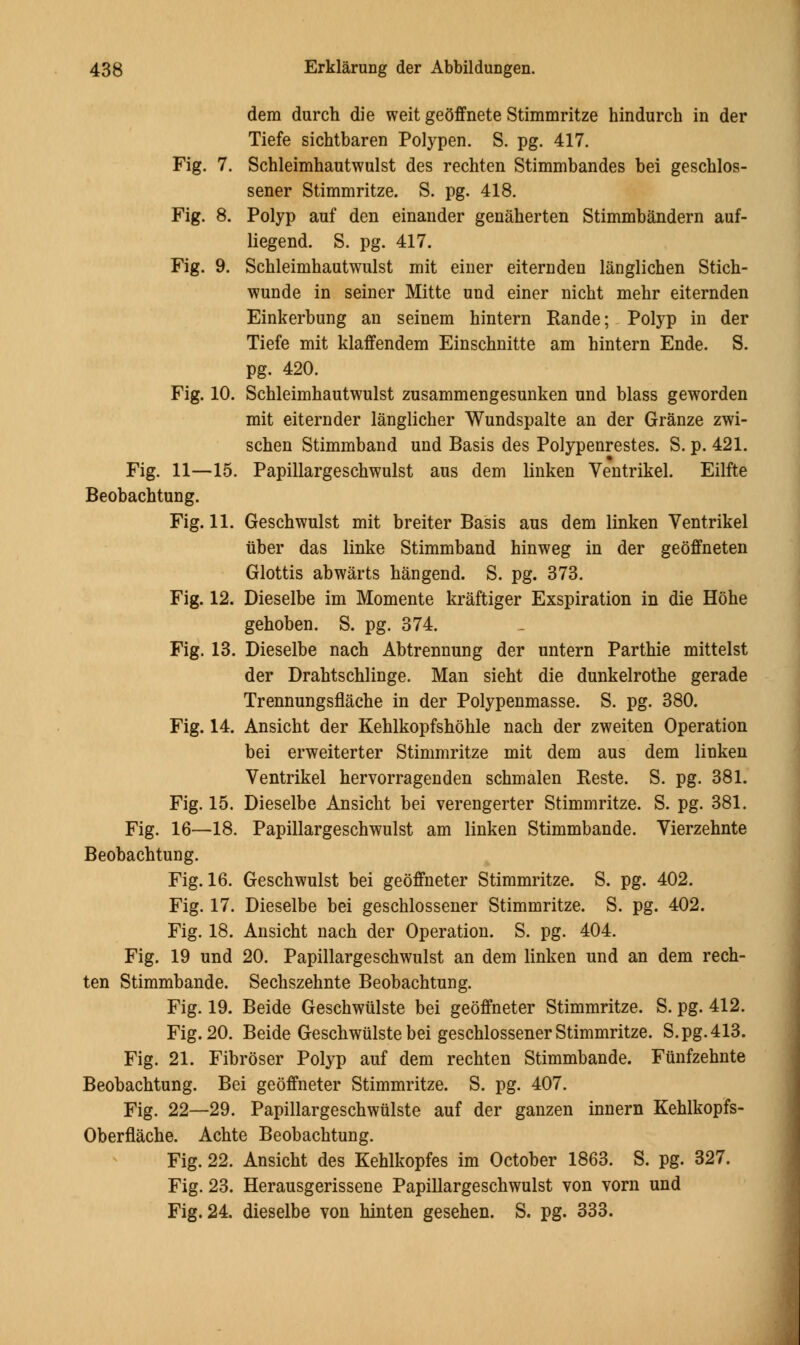 dem durch die weit geflffnete Stimmritze hindurch in der Tiefe sichtbaren Polypen. S. pg. 417. Fig. 7. Schleimhautwulst des rechten Stimmbandes bei geschlos- sener Stimmritze. S. pg. 418. Fig. 8. Polyp auf den einander genaherten Stimmbandern auf- liegend. S. pg. 417. Fig. 9. Schleimhautwulst mit einer eiternden langlichen Stich- wunde in seiner Mitte und einer nicht mehr eiternden Einkerbung an seinem hintern Rande; Polyp in der Tiefe mit klaffendem Einschnitte am hintern Ende. S. pg. 420. Fig. 10. Schleimhautwulst zusammengesunken und blass geworden mit eiternder langlicher Wundspalte an der Granze zwi- schen Stimmband und Basis des Polypenrestes. S. p. 421. Fig. 11—15. Papillargeschwulst aus dem linken Ventrikel. Eilfte Beobachtung. Fig. 11. Geschwulst mit breiter Basis aus dem linken Ventrikel iiber das linke Stimmband hinweg in der geoffneten Glottis abwarts hangend. S. pg. 373. Fig. 12. Dieselbe im Momente kraftiger Exspiration in die HOhe gehoben. S. pg. 374. Fig. 13. Dieselbe nach Abtrennung der untern Parthie mittelst der Drahtschlinge. Man sieht die dunkelrothe gerade Trennungsflache in der Polypenmasse. S. pg. 380. Fig. 14. Ansicht der Kehlkopfshohle nach der zweiten Operation bei erweiterter Stimmritze mit dem aus dem linken Ventrikel hervorragenden schmalen Reste. S. pg. 381. Fig. 15. Dieselbe Ansicht bei verengerter Stimmritze. S. pg. 381. Fig. 16—18. Papillargeschwulst am linken Stimmbande. Vierzehnte Beobachtung. Fig. 16. Geschwulst bei geoffneter Stimmritze. S. pg. 402. Fig. 17. Dieselbe bei geschlossener Stimmritze. S. pg. 402. Fig. 18. Ansicht nach der Operation. S. pg. 404. Fig. 19 und 20. Papillargeschwulst an dem linken und an dem rech- ten Stimmbande. Sechszehnte Beobachtung. Fig. 19. Beide Geschwulste bei geoffneter Stimmritze. S. pg. 412. Fig. 20. Beide Geschwulste bei geschlossener Stimmritze. S.pg.413. Fig. 21. Fibroser Polyp auf dem rechten Stimmbande. Fiinfzehnte Beobachtung. Bei geoffneter Stimmritze. S. pg. 407. Fig. 22—29. Papillargeschwiilste auf der ganzen innern Kehlkopfs- Oberflache. Achte Beobachtung. Fig. 22. Ansicht des Kehlkopfes im October 1863. S. pg. 327. Fig. 23. Herausgerissene Papillargeschwulst von vorn und Fig. 24. dieselbe von hinten gesehen. S. pg. 333.