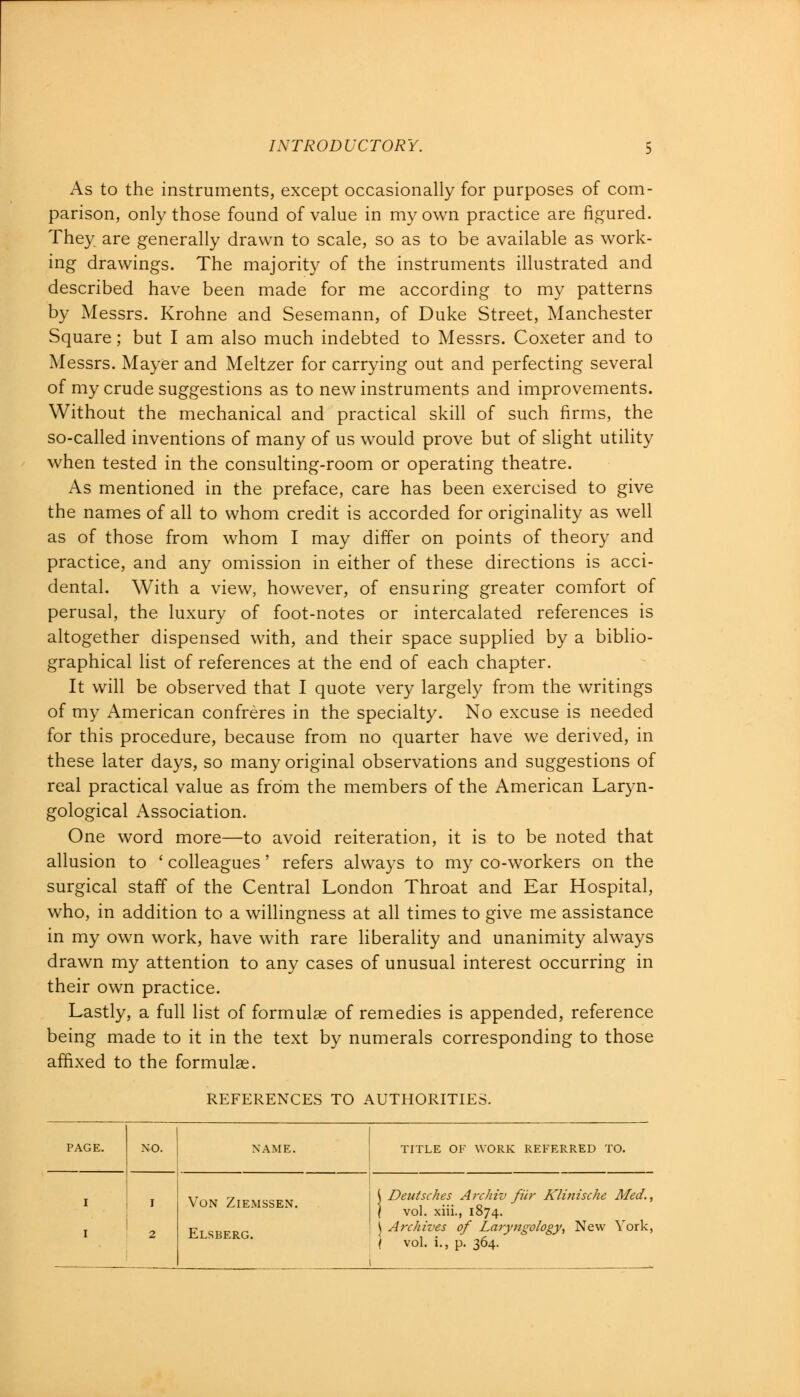 As to the instruments, except occasionally for purposes of com- parison, only those found of value in my own practice are figured. They are generally drawn to scale, so as to be available as work- ing drawings. The majority of the instruments illustrated and described have been made for me according to my patterns by Messrs. Krohne and Sesemann, of Duke Street, Manchester Square; but I am also much indebted to Messrs. Coxeter and to Messrs. Mayer and Meltzer for carrying out and perfecting several of my crude suggestions as to new instruments and improvements. Without the mechanical and practical skill of such firms, the so-called inventions of many of us would prove but of slight utility when tested in the consulting-room or operating theatre. As mentioned in the preface, care has been exercised to give the names of all to whom credit is accorded for originality as well as of those from whom I may differ on points of theory and practice, and any omission in either of these directions is acci- dental. With a view, however, of ensuring greater comfort of perusal, the luxury of foot-notes or intercalated references is altogether dispensed with, and their space supplied by a biblio- graphical list of references at the end of each chapter. It will be observed that I quote very largely from the writings of my American confreres in the specialty. No excuse is needed for this procedure, because from no quarter have we derived, in these later days, so many original observations and suggestions of real practical value as from the members of the American Laryn- gological Association. One word more—to avoid reiteration, it is to be noted that allusion to ' colleagues' refers always to my co-workers on the surgical staff of the Central London Throat and Ear Hospital, who, in addition to a willingness at all times to give me assistance in my own work, have with rare liberality and unanimity always drawn my attention to any cases of unusual interest occurring in their own practice. Lastly, a full list of formulae of remedies is appended, reference being made to it in the text by numerals corresponding to those affixed to the formulae. REFERENCES TO AUTHORITIES. PAGE. NO. NAME. TITLE OF WORK REFERRED TO. I I I 2 Von Ziemssen. Elsberg. ( Deutsches Archiv fur Klinische Med., \ vol. xiii., 1874. j Archives of Laryngology, New York, ( vol. i., p. 364.