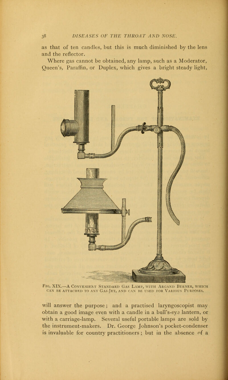 as that of ten candles, but this is much diminished by the lens and the reflector. Where gas cannot be obtained, any lamp, such as a Moderator, Queen's, Paraffin, or Duplex, which gives a bright steady light, Fig. XIX.—A Convenient Standard Gas Lamp, with Argand Burner, which CAN BE ATTACHED TO ANY GAS-JET, AND CAN BE USED FOR VARIOUS PURPOSES. will answer the purpose; and a practised laryngoscopist may obtain a good image even with a candle in a bull's-eye lantern, or with a carriage-lamp. Several useful portable lamps are sold by the instrument-makers. Dr. George Johnson's pocket-condenser is invaluable for country practitioners ; but in the absence of a