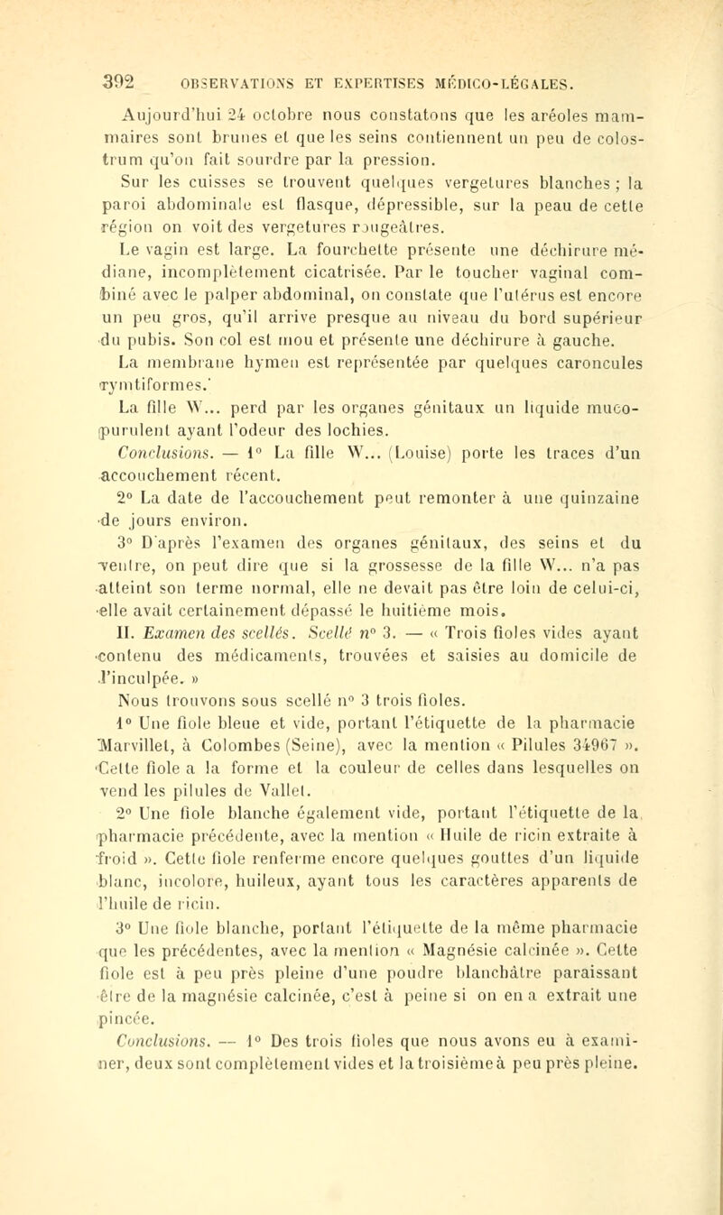 Aujourd'hui 24 octobre nous constatons que les aréoles mam- maires sont brunes et que les seins contiennent un peu de colos- trum qu'on fait sourdre par la pression. Sur les cuisses se trouvent quelques vergetures blanches ; la paroi abdominale est flasque, dépressible, sur la peau de cette région on voit des vergetures r.mgeàlres. Le vagin est large. La fourchette présente une déchirure mé- diane, incomplètement cicatrisée. Par le toucher vaginal com- biné avec le palper abdominal, on constate que l'utérus est encore un peu gros, qu'il arrive presque au niveau du bord supérieur du pubis. Son col est mou et présente une déchirure à gauche. La membrane hymen est représentée par quelques caroncules (rymtiformes. La fille W... perd par les organes génitaux un liquide muco- purulent ayant l'odeur des lochies. Conclusions. — 1° La fille W... (Louise) porte les traces d'un accouchement récent. 2° La date de l'accouchement peut remonter à une quinzaine •de jours environ. 3° D'après l'examen des organes génitaux, des seins et du ■ventre, on peut dire que si la grossesse de la fille W... n'a pas •atteint son terme normal, elle ne devait pas être loin de celui-ci, •elle avait certainement dépassé le huitième mois. IL Examen des scellés. Scellé n° 3. — « Trois fioles vides ayant •contenu des médicaments, trouvées et saisies au domicile de l'inculpée. » Nous trouvons sous scellé n° 3 trois fioles. 1° Une fiole bleue et vide, portant l'étiquette de la pharmacie Marvillel, à Colombes (Seine), avec la mention « Pilules 34967 ». •Celle fiole a la forme et la couleur de celles dans lesquelles on vend les pilules de Vallet. 2° Une fiole blanche également vide, portant l'étiquette de la pharmacie précédente, avec la mention « Huile de ricin extraite à froid ». Cette fiole renferme encore quelques gouttes d'un liquide blanc, incolore, huileux, ayant tous les caractères apparents de l'huile de ricin. 3° Une fiole blanche, portant l'étiquette de la même pharmacie que les précédentes, avec la menlion « Magnésie calcinée ». Celte fiole est à peu près pleine d'une poudre blanchâtre paraissant être de la magnésie calcinée, c'esl à peine si on en a extrait une pincée. Conclusions. — 1° Des trois fioles que nous avons eu à exami- ner, deux sonl complètement vides et la troisième à peu près pleine.