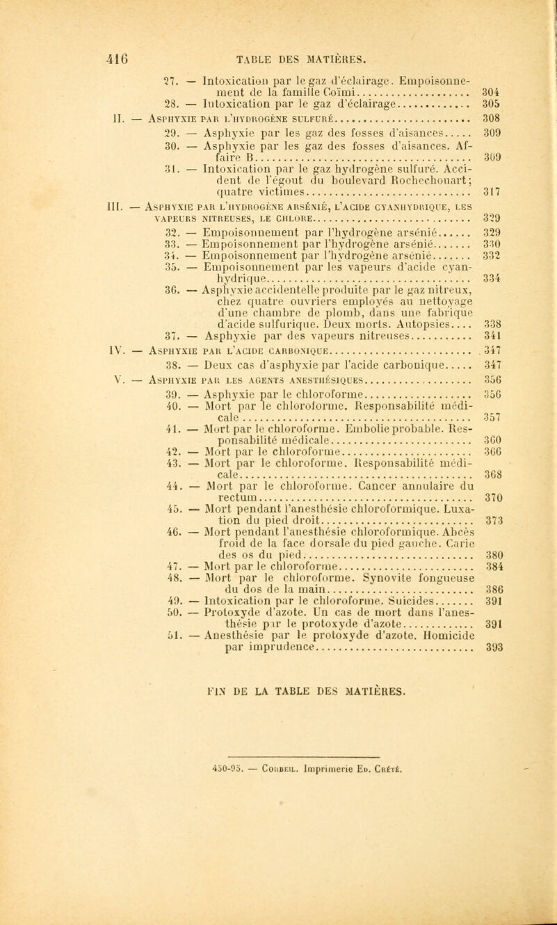 57. — Intoxicalion par le gaz d'éclairage. Empoisonue- ment de la famille Coïrai 304 23. — Intoxication par le gaz d'éclairage 305 II. — Asphyxie par l'hydhogène sulfuré 308 29. — Asphyxie par les gaz des fosses d'aisances 309 30. — Asphyxie par les gaz des fosses d'aisances. Af- faire B 309 31. — Intoxication par le gaz hydrogène sulfuré. Acci- dent de l'égout du boulevard Rochcchouart; quatre victimes 317 III. — Asphyxie par l'hydrogi^ne arsénié, l'acide cyanhydrique, les VAPEURS NITREUSES, LE CHLORE 329 32. — Empoisonnement par l'hydrogène arsénié 329 33. — Empoisonnement par l'hydrogène arsénié 3-iO 34. — Empoisonnement par l'hydrogène arsénié 332 35. — Empoisonnement par les vapeurs d'acide cyan- hydrique 334 36. — Asphyxie accidentelle produite par le gaz nitreux, chez quatre ouvriers employés au nettoyage d'une chambre de plomb, daus une fabrique d'acide sulfurique. Deux morts. Autopsies 338 37. — Asphyxie par des vapeurs nitreuses 341 IV. — Asphyxie par l'acide carbonique . 347 38. — Deux cas d'asphyxie par l'acide carbonique 347 V. — Asphyxie par les agents axesthésiques 356 39. — Asphyxie par le chloroforme 356 40. — Rlort par le chloroforme. Responsabilité médi- cale 357 41. — Mort par le chloroforme. Embolie probable. Res- ponsabilité médicale 360 42. — Mort par le chloroforme 366 43. — Mort par le chloroforme. Responsabilité médi- cale 368 44. — Mort par le chloroforme. Cancer annulaire du rectum 370 45. — Mort pendant l'anesthésie chloroformiquc. Luxa- tion du pied droit 373 46. — Mort pendant l'anesthésie chloroformique. Abcès froid de la face dorsale du pied gaucho. Carie des os du pied 380 47. — Mort par le chloroforme 384 48. — Jlort par le chloroforme. Synovite fongueuse du dos de la main 386 49. — Intoxication par le chloroforme. Suicides 391 50. — Protoxyde d'azote. Un cas de mort dans l'anes- théfie pir le protoxyde d'azote 391 51. — Auesthésie par le protoxyde d'azote. Homicide par imprudence 393 Fl.\ DE LA TABLE DES MATIERES. 450-95. — CouBEiL. Imprimerie Ed. CiifrÉ.