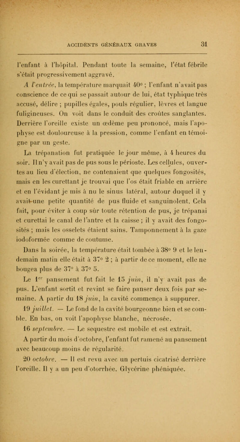 l'enfant à l'hôpital. Pendant toute la semaine, l'état fébrile s'était progressivement aggravé. .1 Ventrée, la température marquait 40° ; l'enfant n'avait pas conscience de ce qui se passait autour de lui, état typhiquetrès accusé, délire ; pupilles égales, pouls régulier, lèvres et langue fuligineuses. On voit dans le conduit des croûtes sanglantes. Derrière l'oreille existe un œdème peu prononcé, mais l'apo- physe est douloureuse à la pression, comme l'enfant en témoi- gne par un geste. La trépanation fut pratiquée le jour même, à 4 heures du soir. Il n'y avait pas de pus sous le périoste. Les cellules, ouver- tes au lieu d'élection, ne contenaient que quelques fongosités, mais en les curettant je trouvai que l'os était friable en arrière et en l'évidant je mis à nu le sinus latéral, autour duquel il y avait une petite quantité de pus fluide et sanguinolent. Cela fait, pour éviter à coup sûr toute rétention de pus, je trépanai et curettai le canal de l'antre et la caisse ; il y avait des fongo- sités ; mais les osselets étaient sains. Tamponnement à la gaze iodoformée comme de coutume. Dans la soirée, la température était tombée à 38° 9 et le len- demain matin elle était à 37° 2 ; à partir de ce moment, elle ne bougea plus de 37° à 37° 5. Le 1er pansement fut fait le 15 juin, il n'y avait pas de pus. L'enfant sortit et revint se faire panser deux fois par se- maine. A partir du 18 juin, la cavité commença à suppurer. 19 juillet. — Le fond 'le la <-a\ ité bourgeonne bien et se com- ble. En bas, on voit l'apophyse blanche, nécrosée. 16 septembre. — Le séquestre est mobile et esl extrait. A partir du moi- d'octobre, l'enfant l'ut ramené au pansement avec beaucoup moins de régularité. *1() octobre. — Il est revu avec un pertuis cicatrisé derrière l'oreille. Il \ a nu peu d'otorrhée. Glycérine phéniquée.