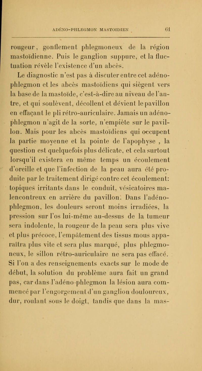 ADKNO-PHLEGMON MASTOÏDIEN 6d rougeur, gonflement phlegmoneux de la région mastoïdienne. Puis le ganglion suppure, et la fluc- tuation révèle l'existence d'un abcès. Le diagnostic n'est pas à discuter entre cet adéno- phlegmon et les abcès mastoïdiens qui siègent vers la base de lamastoïde, c'est-à-dire au niveau de l'au- tre, et qui soulèvent, décollent et dévient le pavillon en effaçant le pli rétro-auriculaire. Jamais un adéno- phlegmon n'agit de la sorte, n'empiète sur le pavil- lon. Mais pour les abcès mastoïdiens qui occupent la partie moyenne et la pointe de l'apophyse , la question est quelquefois plus délicate, et cela surtout lorsqu'il existera en môme temps un écoulement d'oreille et que l'infection de la peau aura été pro- duite par le traitement dirigé contre cet écoulement: topiques irritants dans le conduit, vésicatoires ma- lencontreux en arrière du pavillon. Dans l'adéno- phlegmon, les douleurs seront moins irradiées, la pression sur l'os lui-même au-dessus de la tumeur sera indolente, la rougeur de la peau sera plus vive cl plus précoce, l'empâtement des tissus mous appa- raîtra plus vite ei sera plus marqué, plus phlegmo- neux, le sillon rétro-auriculaire ne sera pas effacé. Si l'on a (h;s renseignements exacts sur le mode de début, la solution du problème aura fait un grand pas, cardans L'adéno-phlegmon la lésion aura com- mencé par l'engorgemenl d'un ganglion douloureux. dur, roulant sous le doigt, tandis que dans la mas-