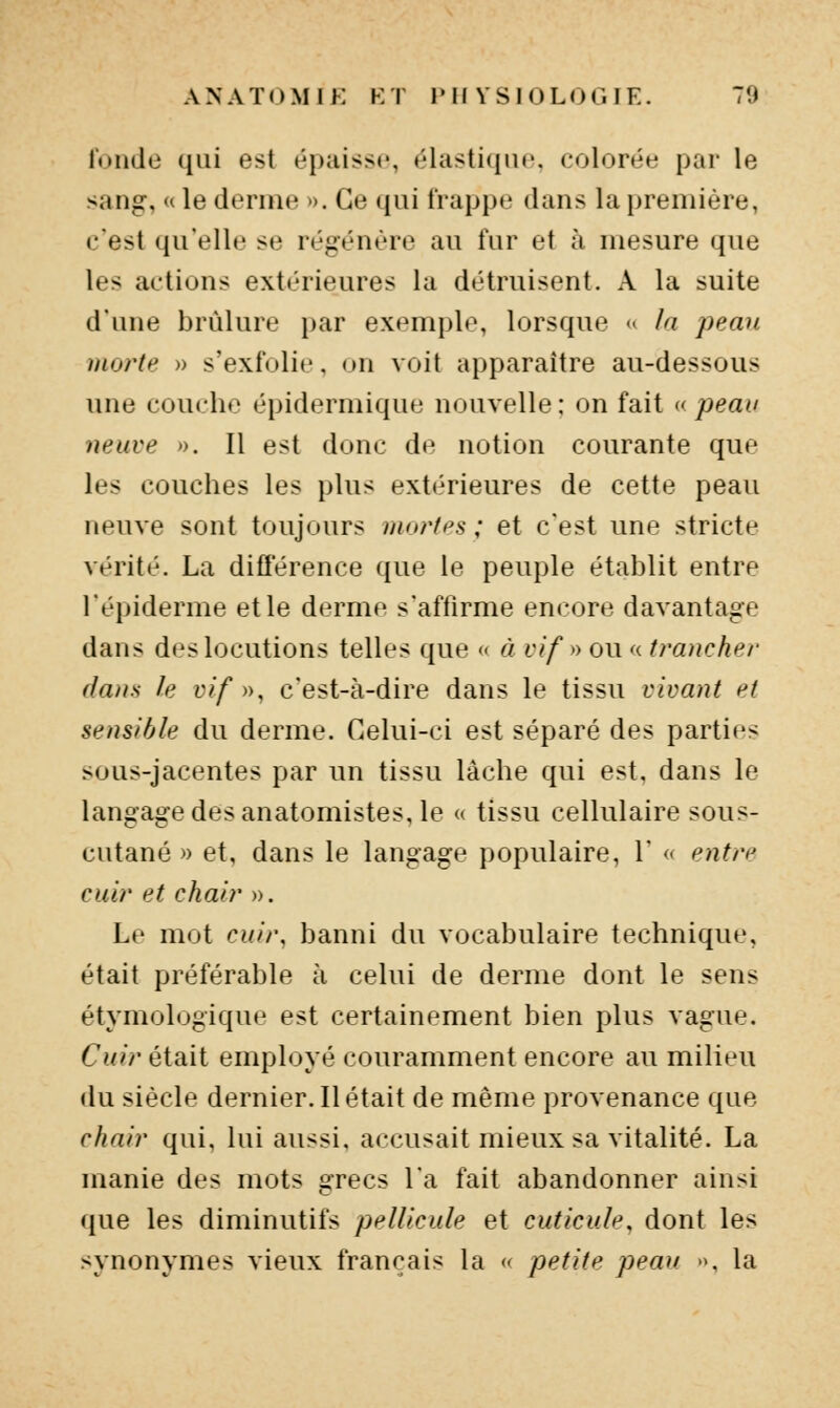 IVmde qui est épaisse, élastique, colorée par le sang, « le derme ». Ce qui trappe dans la première, c'est qu'elle se régénère au fur et à mesure que les actions extérieures la détruisent. A la suite d'une brûlure par exemple, lorsque u la peau morte » s'exfolie, on voit apparaître au-dessous une couche épidermique nouvelle : on fait « peau neuve ». Il est donc de notion courante que les couches les plus extérieures de cette peau neuve sont toujours niorfps ; et c'est une stricte vérité. La différence que le peuple établit entre Tépiderme et le derme s'affirme encore davantage dans des locutions telles que <« à vif » ou « trancher dans le vif », c'est-à-dire dans le tissu vivant et sensible du derme. Celui-ci est séparé des parties sous-jacentes par un tissu lâche qui est, dans le langage des anatomistes, le « tissu cellulaire sous- cutané » et, dans le langage populaire, 1' « entre cuir et chair ». Le mot cuir, banni du vocabulaire technique, était préférable à celui de derme dont le sens étymologique est certainement bien plus vague. Cuir éiaLit employé couramment encore au milieu du siècle dernier. Il était de même provenance que chair qui, lui aussi, accusait mieux sa vitalité. La manie des mots grecs l'a fait abandonner ainsi que les diminutifs ppllicule et cuticule, dont les synonymes vieux français la « petite peau •>, la