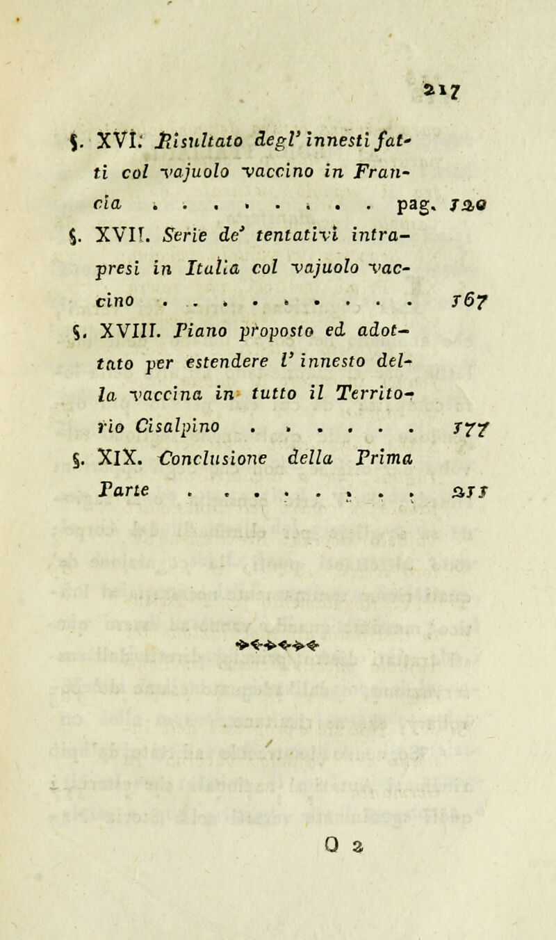 $. XVÌ: Risultato degl'innestifat' ti col vajuolo vaccino in Fran- cia k . . . . i . . pag. j%q %. XVII. Serie de' tentativi intra- presi in Italia col vajuolo vac- cino T6? S. XVIII. Piano proposto ed adot- tato per estendere l'innesto del- la vaccina in tutto il Territo- rio Cisalpino . ..... 77? §. XlX. Conclusione della Prima Parte &ji •>«fc.<-^« 0 a