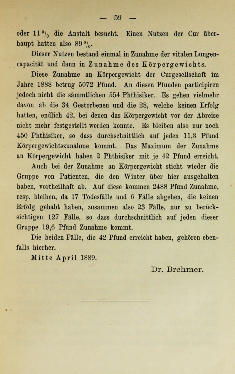 oder 11 °/0 die Anstalt besucht. Einen Nutzen der Cur über- haupt hatten also 89°/0. Dieser Nutzen bestand einmal in Zunahme der vitalen Lungen- capacität und dann in Zunahme des Körpergewichts. Diese Zunahme an Körpergewicht der Curgesellschaft im Jahre 1888 betrug 5072 Pfund. An diesen Pfunden participiren jedoch nicht die sämmtlichen 554 Phthisiker. Es gehen vielmehr davon ab die 34 Gestorbenen und die 28, welche keinen Erfolg hatten, endlich 42, bei denen das Körpergewicht vor der Abreise nicht mehr festgestellt werden konnte. Es bleiben also nur noch 450 Phthisiker, so dass durchschnittlich auf jeden 11,3 Pfund Körpergewichtszunahme kommt. Das Maximum der Zunahme an Körpergewicht haben 2 Phthisiker mit je 42 Pfund erreicht. Auch bei der Zunahme an Körpergewicht sticht wieder die Gruppe von Patienten, die den Winter über hier ausgehalten haben, vortheilhaft ab. Auf diese kommen 2488 Pfund Zunahme, resp. bleiben, da 17 Todesfälle und 6 Fälle abgehen, die keinen Erfolg gehabt haben, zusammen also 23 Fälle, nur zu berück- sichtigen 127 Fälle, so dass durchschnittlich auf jeden dieser Gruppe 19,6 Pfund Zunahme kommt. Die beiden Fälle, die 42 Pfund erreicht haben, gehören eben- falls hierher. Mitte April 1889. Dr. Brelimer.