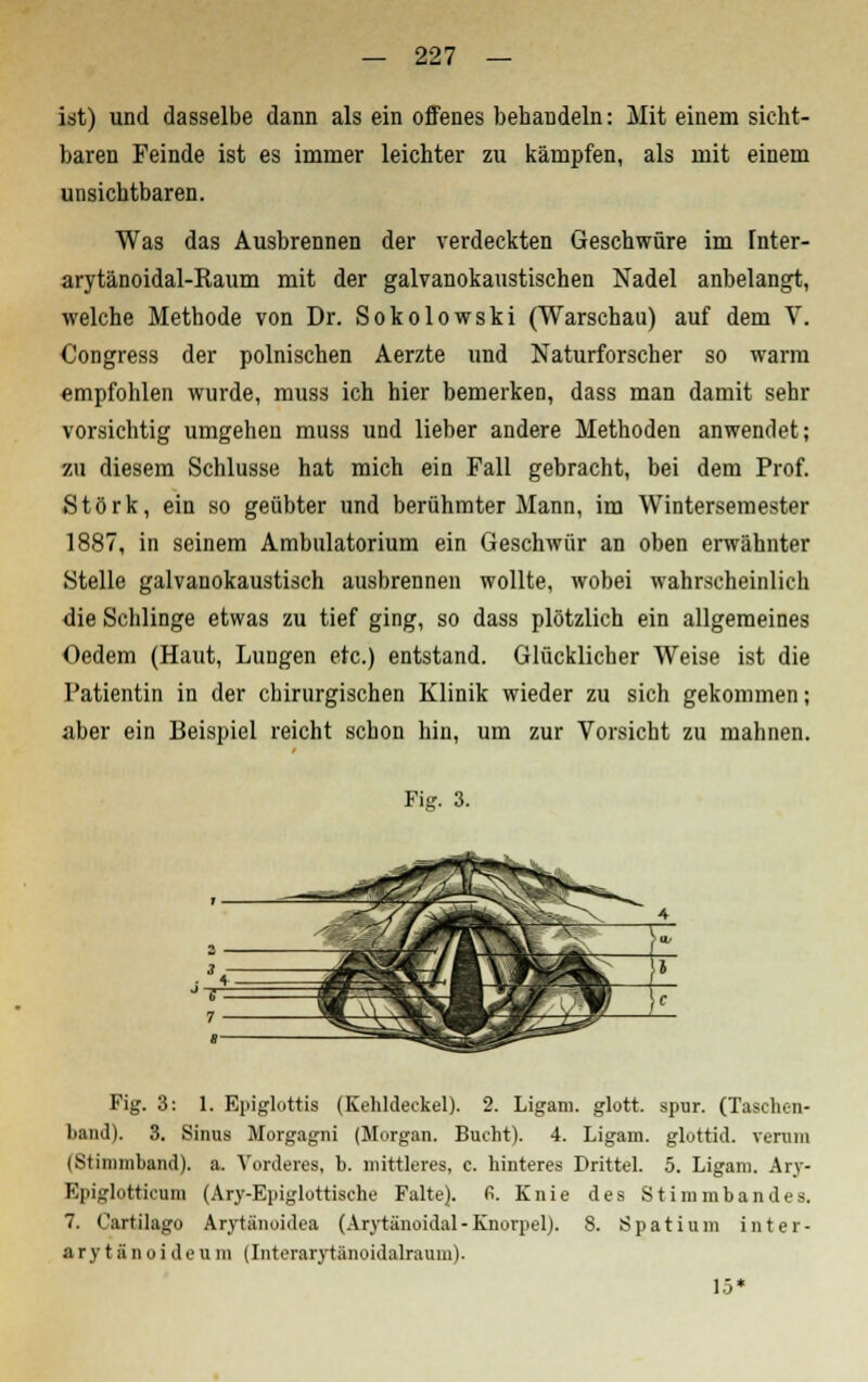 ist) und dasselbe dann als ein offenes behandeln: Mit einem sicht- baren Feinde ist es immer leichter zu kämpfen, als mit einem unsichtbaren. Was das Ausbrennen der verdeckten Geschwüre im Inter- arytänoidal-Raum mit der galvanokaustischen Nadel anbelangt, welche Methode von Dr. Sokolowski (Warschau) auf dem V. Congress der polnischen Aerzte und Naturforscher so warm empfohlen wurde, muss ich hier bemerken, dass man damit sehr vorsichtig umgehen muss und lieber andere Methoden anwendet; zu diesem Schlüsse hat mich ein Fall gebracht, bei dem Prof. Störk, ein so geübter und berühmter Mann, im Wintersemester 1887, in seinem Ambulatorium ein Geschwür an oben erwähnter Stelle galvanokaustisch ausbrennen wollte, wobei wahrscheinlich die Schlinge etwas zu tief ging, so dass plötzlich ein allgemeines Oedem (Haut, Lungen etc.) entstand. Glücklicher Weise ist die Patientin in der chirurgischen Klinik wieder zu sich gekommen; aber ein Beispiel reicht schon hin, um zur Vorsicht zu mahnen. Fig. 3. Fig. 3: 1. Epiglottis (Kehldeckel). 2. Ligam. glott. spur. (Tasehcn- liaiul). 3. Sinus Morgagni (Morgan. Bucht). 4. Ligam. glottid. verum (8timmband). a. Vorderes, b. mittleres, c. hinteres Drittel. 5. Ligam. Arv- Epiglottieum (Ary-Epiglottische Falte). 6. Knie des Stimmbandes. 7. Cartilago Axytänoidea (Arytänoidal-Knorpel). 8. Spatium inter- ary t ä n o i d e u m (Interarytänoidalraum). 1.5*