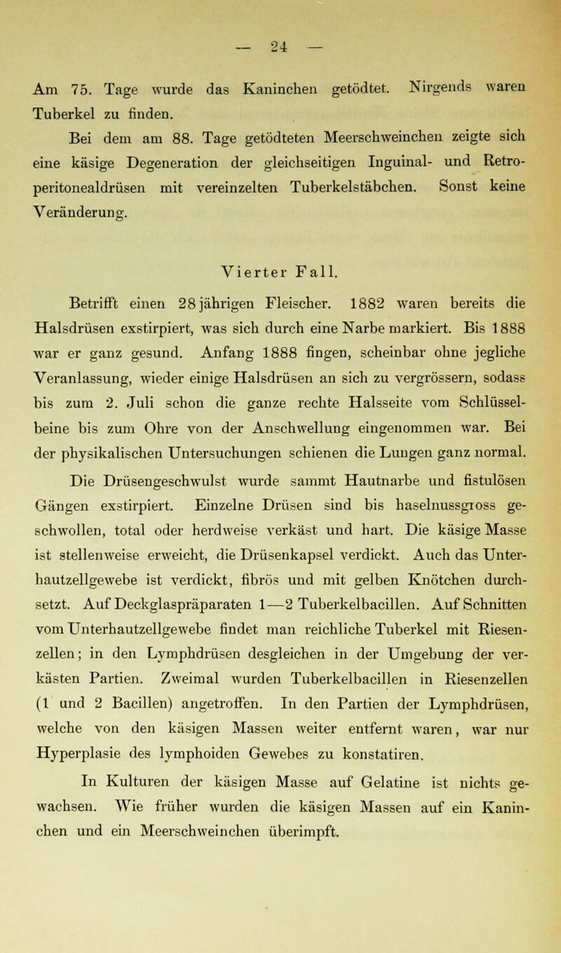 Am 75. Tage wurde das Kaninchen getödtet. Nirgends waren Tuberkel zu finden. Bei dem am 88. Tage getödteten Meerschweinchen zeigte sich eine käsige Degeneration der gleichseitigen Inguinal- und Retro- peritonealdrüsen mit vereinzelten Tuberkelstäbchen. Sonst keine Veränderung. Vierter Fall. Betrifft einen 28 jährigen Fleischer. 1882 waren bereits die Halsdrüsen exstirpiert, was sich durch eine Narbe markiert. Bis 1888 war er ganz gesund. Anfang 1888 fingen, scheinbar ohne jegliche Veranlassung, wieder einige Halsdrüsen an sich zu vergrössern, sodass bis zum 2. Juli schon die ganze rechte Halsseite vom Schlüssel- beine bis zum Ohre von der Anschwellung eingenommen war. Bei der physikalischen Untersuchungen schienen die Lungen ganz normal. Die Drüsengeschwulst wurde sammt Hautnarbe und fistulösen Gängen exstirpiert. Einzelne Drüsen sind bis haselnussgioss ge- schwollen, total oder herdweise verkäst und hart. Die käsige Masse ist stellenweise erweicht, die Drüsenkapsel verdickt. Auch das Unter- hautzellgewebe ist verdickt, fibrös und mit gelben Knötchen durch- setzt. Auf Deckglaspräparaten 1—2 Tuberkelbacillen. Aufschnitten vom Unterhautzellgewebe findet man reichliche Tuberkel mit Riesen- zellen ; in den Lymphdrüsen desgleichen in der Umgebung der ver- kästen Partien. Zweimal wurden Tuberkelbacillen in Riesenzellen (1 und 2 Bacillen) angetroffen. In den Partien der Lymphdrüsen, welche von den käsigen Massen weiter entfernt waren, war nur Hyperplasie des lymphoiden Gewebes zu konstatiren. In Kulturen der käsigen Masse auf Gelatine ist nichts ge- wachsen. Wie früher wurden die käsigen Massen auf ein Kanin- chen und ein Meerschweinchen überimpft.