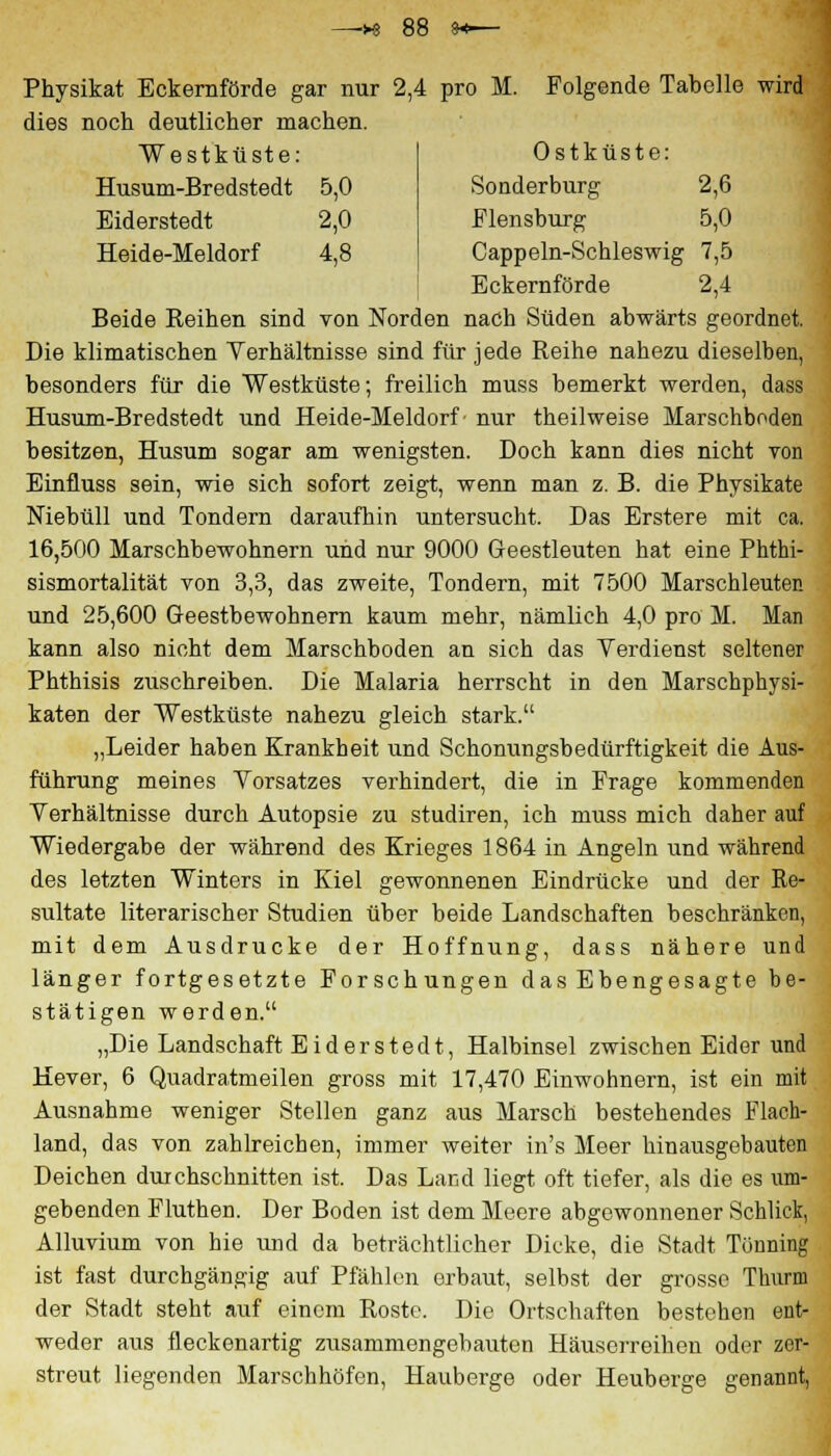 Physikat Eckernförde gar nur 2,4 pro M. Folgende Tabelle wird dies noch deutlicher machen. Westküste: Husum-Bredstedt 5,0 Eiderstedt 2,0 Heide-Meldorf 4,8 *i - Ostküste: Sonderburg 2,6 Elensburg 5,0 Cappeln-Schleswig 7,5 Eckernförde 2,4 Beide Reihen sind von Norden nach Süden abwärts geordnet. Die klimatischen Verhältnisse sind für jede Reihe nahezu dieselben, besonders für die Westküste; freilich muss bemerkt werden, dass Husum-Bredstedt und Heide-Meldorf nur theilweise Marschboden besitzen, Husum sogar am wenigsten. Doch kann dies nicht von Einfluss sein, wie sich sofort zeigt, wenn man z. B. die Physikate Niebüll und Tondern daraufhin untersucht. Das Erstere mit ca. 16,500 Marschbewohnern und nur 9000 Geestleuten hat eine Phthi- sismortalität von 3,3, das zweite, Tondern, mit 7500 Marschleuten und 25,600 Geestbewohnern kaum mehr, nämlich 4,0 pro M. Man kann also nicht dem Marschboden an sich das Verdienst seltener Phthisis zuschreiben. Die Malaria herrscht in den Marschphysi- katen der Westküste nahezu gleich stark. „Leider haben Krankheit und Schonungsbedürftigkeit die Aus- führung meines Vorsatzes verhindert, die in Frage kommenden Verhältnisse durch Autopsie zu studiren, ich muss mich daher auf Wiedergabe der während des Krieges 1864 in Angeln und während des letzten Winters in Kiel gewonnenen Eindrücke und der Re- sultate literarischer Studien über beide Landschaften beschränken, mit dem Ausdrucke der Hoffnung, dass nähere und länger fortgesetzte Forschungen das Ebengesagte be- stätigen werden. „Die Landschaft Eiderstedt, Halbinsel zwischen Eider und Hever, 6 Quadratmeilen gross mit 17,470 Einwohnern, ist ein mit Ausnahme weniger Stellen ganz aus Marsch bestehendes Flach- land, das von zahlreichen, immer weiter in's Meer hin ausgebauten Deichen durchschnitten ist. Das Land liegt oft tiefer, als die es um- gebenden Fluthen. Der Boden ist dem Meere abgewonnener Schlick, Alluvium von hie und da beträchtlicher Dicke, die Stadt Tönning ist fast durchgängig auf Pfählen erbaut, selbst der grosse Thura der Stadt steht auf einem Roste. Die Ortschaften bestehen ent- weder aus fleckenartig zusammengebauten Häuserreihen oder zer- streut liegenden Marschhöfen, Hauberge oder Heuberge genannt,