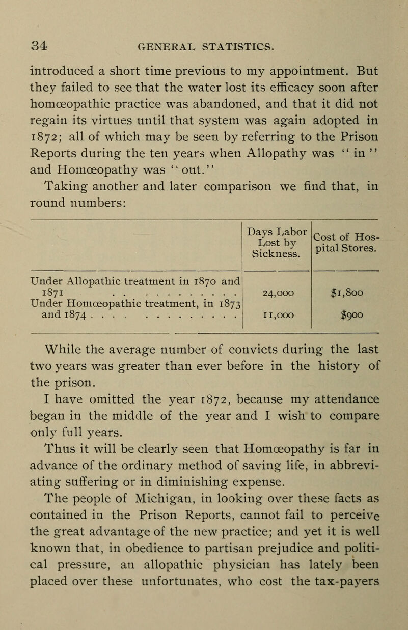 introduced a short time previous to my appointment. But they failed to see that the water lost its efficacy soon after homoeopathic practice was abandoned, and that it did not regain its virtues until that system was again adopted in 1872; all of which may be seen by referring to the Prison Reports during the ten years when Allopathy was  in  and Homoeopathy was  out. Taking another and later comparison we find that, in round numbers: Under Allopathic treatment in 1870 and 1871 Under Homoeopathic treatment, in 1873 and 1874 Days Labor Lost by Sickness. 24,000 ri, 000 Cost of Hos- pital Stores. $1,800 $900 While the average number of convicts during the last two years was greater than ever before in the history of the prison. I have omitted the year 1872, because my attendance began in the middle of the year and I wish to compare only full years. Thus it will be clearly seen that Homoeopathy is far in advance of the ordinary method of saving life, in abbrevi- ating suffering or in diminishing expense. The people of Michigan, in looking over these facts as contained in the Prison Reports, cannot fail to perceive the great advantage of the new practice; and yet it is well known that, in obedience to partisan prejudice and politi- cal pressure, an allopathic physician has lately been placed over these unfortunates, who cost the tax-payers