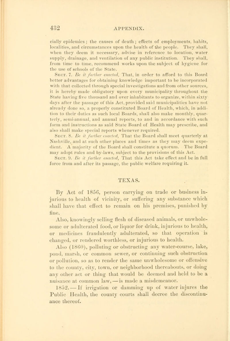cially epidemics ; the causes of death ; effects of employments, habits, localities, and circumstances upon the health of the people. They shall, when they deem it necessary, advise in reference to location, water supply, drainage, and ventilation of any public institution. They shall, from time to time, recommend works upon the subject of hygiene for the use of schools of the State. Sect. 7. Be it further enacted, That, in order to afford to this Board better advantages for obtaining knowledge important to be incorporated with that collected through special investigations and from other sources, it is hereby made obligatory upon every municipality throughout the State having five thousand and over inhabitants to organize, within sixty days after the passage of this Act, provided said municipalities have not already done so, a properly constituted Board of Health, which, in addi- tion to their duties as such local Boards, shall also make monthly, quar- terly, semi-annual, and annual reports, to and in accordance with such form and instructions as said State Board of Health may prescribe, and also shall make special reports whenever required. Sect. 8. Be it further enacted, That the Board shall meet quarterly at Nashville, and at such other places and times as they ma}' deem expe- dient. A majority of the Board shall constitute a quorum. The Board may adopt rules and by-laws, subject to the provisions of this Act. Sect. 9. Be it further enacted, That this Act take effect and be in full force from and after its passage, the public welfare requiring it. TEXAS. By Act of 1856, person carrying on trade or business in- jurious to health of vicinity, or suffering any substance which shall have that effect to remain on his premises, punished by fine. Also, knowingly selling flesh of diseased animals, or unwhole- some or adulterated food, or liquor for drink, injurious to health, or medicines fraudulently adulterated, so that operation is changed, or rendered worthless, or injurious to health. Also (1860), polluting or obstructing any water-course, lake, pond, marsh, or common sewer, or continuing such obstruction or pollution, so as to render the same unwholesome or offensive to the county, city, town, or neighborhood thereabouts, or doing any other act or thing that would be deemed and held to be a nuisance at common law, — is made a misdemeanor. 1852. — If irrigation or damming up of water injures the Public Health, the county courts shall decree the discontinu- ance thereof.