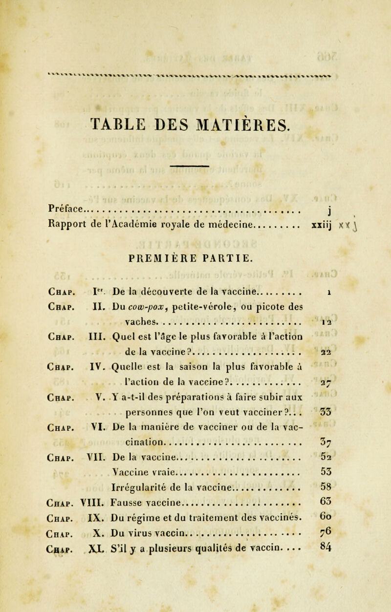 TABLE DES MATIÈRES. Préface j Rapport de l'Académie royale de médecine xxiij XX \ PREMIÈRE PARTIE. Cbap. I De la découverte de la vaccine 1 Chap. II. Du cow-pox, petite-vérole, ou picote des vaches i a Chap. III. Quel est l'âge le plus favorable à l'action de la vaccine ? 22 Cbap. IV. Quelle est la saison la plus favorable ù l'action de la vaccine ? 27 Chap. V. Y a-t-il des préparations à faire subir aux personnes que l'on veut vacciner?... 33 Chap. VI. De la manière de vacciner ou de la vac- cination 3y Chap. VII. De la vaccine 5a Vaccine vraie 53 Irrégularité de la vaccine 58 Chap. VIII. Fausse vaccine 63 Chap. IX. Du régime et du traitement des vaccinés. 60 Chap. X. Du virus vaccin 76 Chap. XI. S'il y a plusieurs qualités de vaccin. ... 84