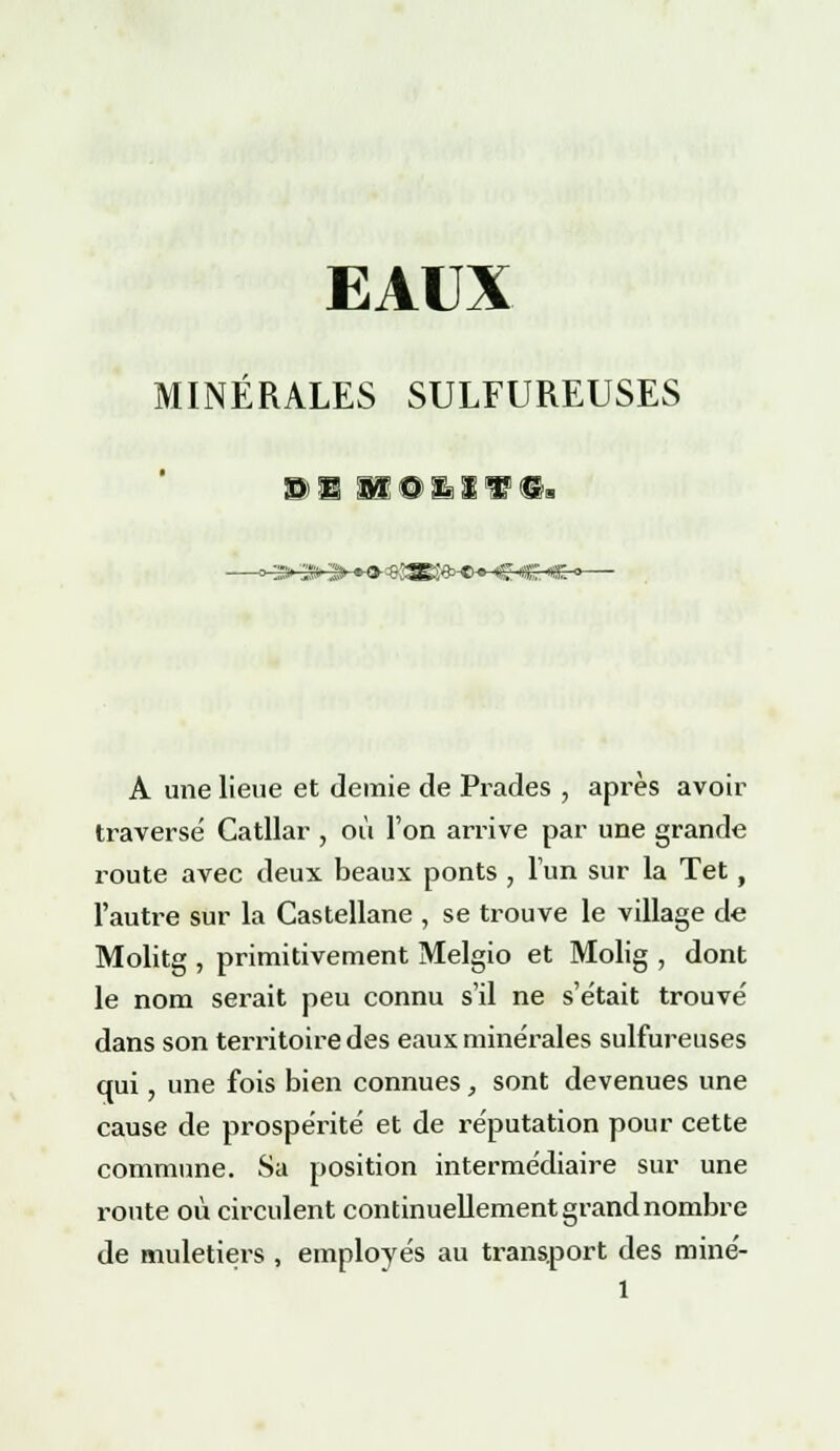 MINÉRALES SULFUREUSES il iiiif@i A une lieue et demie de Prades , après avoir traversé Catllar , où l'on arrive par une grande route avec deux beaux ponts , l'un sur la Tet, l'autre sur la Castellane , se trouve le village de Molitg , primitivement Melgio et Molig , dont le nom serait peu connu s'il ne s'était trouvé dans son territoire des eaux minérales sulfureuses qui, une fois bien connues, sont devenues une cause de prospérité et de réputation pour cette commune. Sa position intermédiaire sur une route où circulent continuellement grand nombre de muletiers , employés au transport des miné- 1