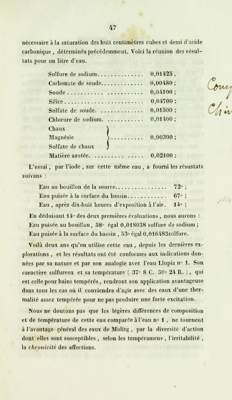nécessaire à la saturation des huit centimètres cubes et demi d'acide carbonique, déterminés précédemment. Voici la réunion des résul- tats pour un litre d'eau. Sulfure de sodium 0,01425 , Carbonate de soude 0,00i80 ; Soude 0,04100 ; Silice 0,04700 ; Sulfate de soude 0,01500 ; Chlorure de sodium 0,01400; Chaux 1 Magnésie \ 0,00300 ; Sulfate de chaux ) Matière azotée 0,02100 ; L'essai, par l'iode , sur cette même eau , a fourni les résustats suivans : Eau au bouillon de la source 72° ; Eau puisée à la surface du bassin 67 ; Eau , après dix-huit heures d'exposition à l'air. 14° ; En déduisant 14 des deux premières évaluations , nous aurons : Eau puisée au bouillon , 58 égal 0,018038 sulfure de sodium ; Eau puisée à la surface du bassin , 53° égal 0,016483sulfure. Voilà deux ans qu'on utilise cette eau , depuis les dernières ex- plorations , et les résultats ont été conformes aux indications don- nées par sa nature et par son analogie avec l'eau Llupia n 1. Son caractère sulfureux et sa température ( 37r 8 C. 30 24 B. ), qui est celle pour bains tempérés, rendront son application avantageuse dans tous les cas où il conviendra d'agir avec des eaux d'une ther- malité assez tempérée pour ne pas produire une forte excitation. Nous ne doutons pas que les légères différences de composition et de température de cette eau comparée à l'eau n 1 , ne tournent à l'avantage général des eaux de Molitg , par la diversité d'action dont elles sont susceptibles , selon les tempéramens , l'irritabilité , la chronicité des affections.