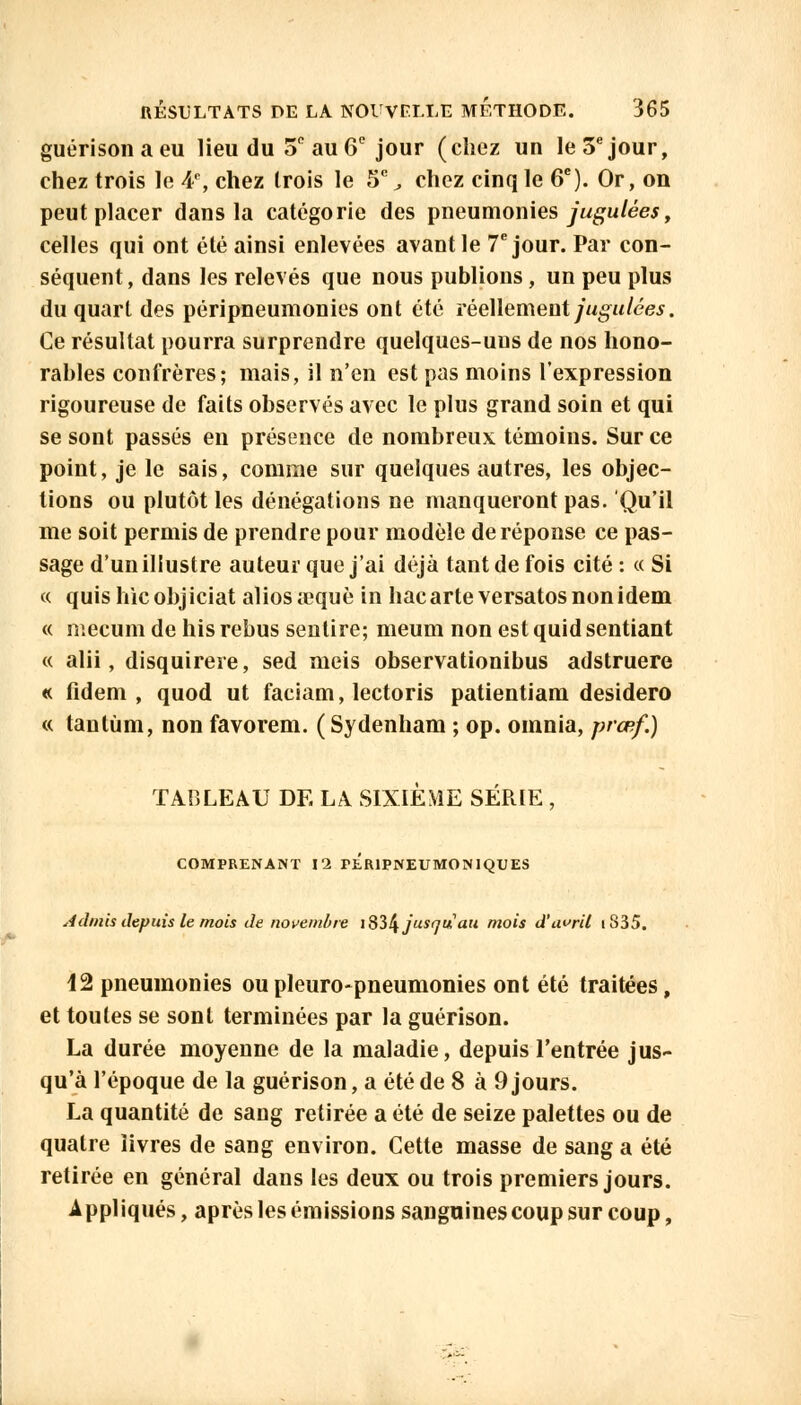 p guérisonaeu lieu du op au 6e jour (chez un le 5e jour, chez trois le 4e, chez trois le 5e, chez cinq le 6e). Or, on peut placer dans la catégorie des pneumonies jugulées, celles qui ont été ainsi enlevées avant le 7e jour. Par con- séquent, dans les relevés que nous publions, un peu plus du quart des péri pneumonies ont été réellement jugulées. Ce résultat pourra surprendre quelques-uns de nos hono- rables confrères; mais, il n'en est pas moins l'expression rigoureuse de faits observés avec le plus grand soin et qui se sont passés en présence de nombreux témoins. Sur ce point, je le sais, comme sur quelques autres, les objec- tions ou plutôt les dénégations ne manqueront pas. Qu'il me soit permis de prendre pour modèle de réponse ce pas- sage d'un illustre auteur que j'ai déjà tant de fois cité: «Si « quis hicobjiciat aliosœquè in hacarte versatos non idem « mecum de his rébus sentire; meum non est quid sentiant « alii, disquirere, sed meis observationibus adstruere « fidem , quod ut faciam, lectoris patientiam desidero « tantùm, non favorem. ( Sydenham ; op. omnia, prœf.) TABLEAU DE LA SIXIÈME SÉRIE , COMPRENANT 12 PLR1PNEUMONIQUES Admis depuis le mois de novembre îS^^ jusqu'au mois d'avril 1835. 12 pneumonies oupleuro-pneumonies ont été traitées, et toutes se sont terminées par la guérison. La durée moyenne de la maladie, depuis l'entrée jus- qu'à l'époque de la guérison, a été de 8 à 9 jours. La quantité de sang retirée a été de seize palettes ou de quatre livres de sang environ. Cette masse de sang a été retirée en général dans les deux ou trois premiers jours. Appliqués, après les émissions sanguines coup sur coup,