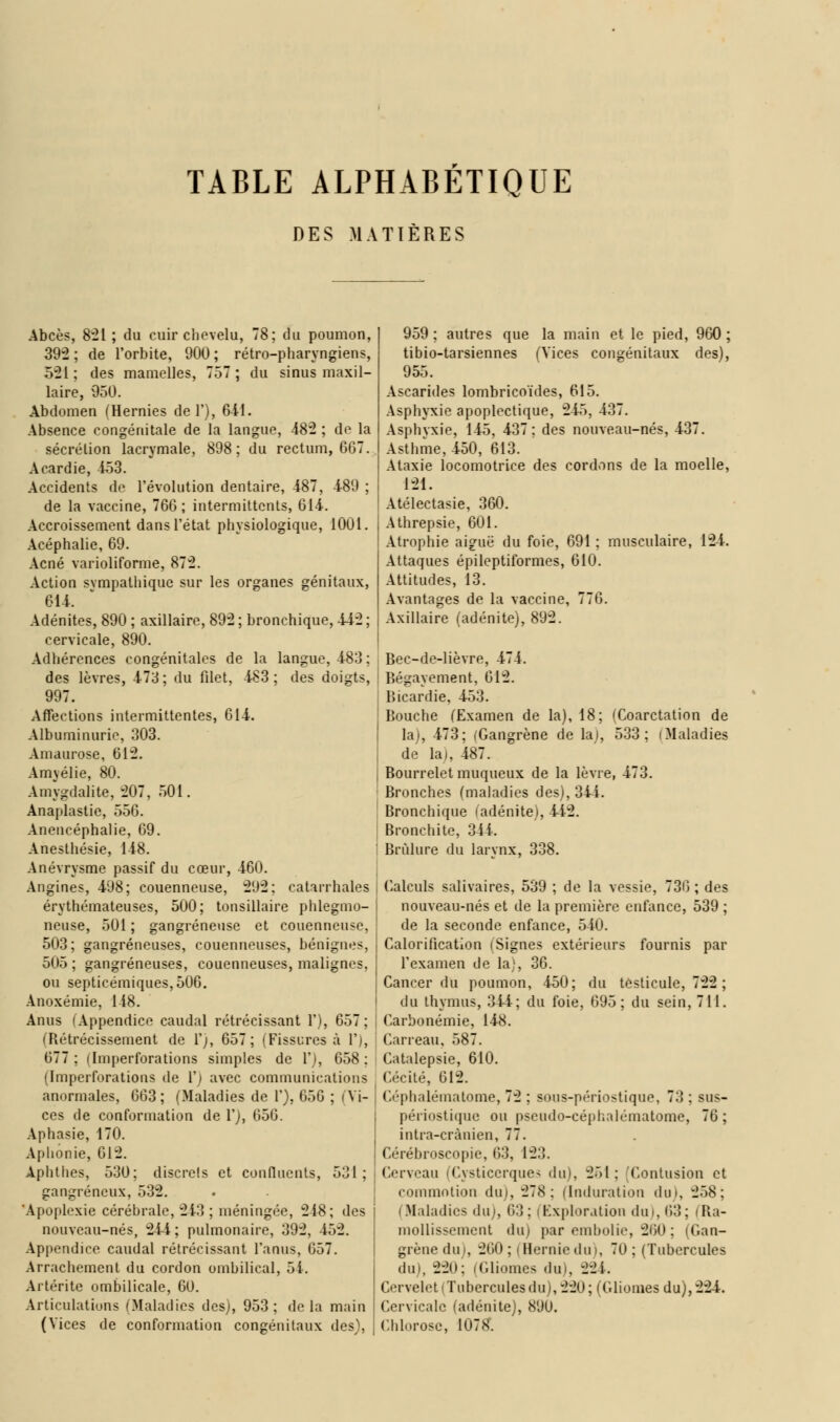 TABLE ALPHABÉTIQUE DES MATIERES Abcès, 821 ; du cuir chevelu, 78; du poumon, 39-2 ; de l'orbite, 900 ; rétro-pharyngiens, 521; des mamelles, 757; du sinus maxil- laire, 950. Abdomen (Hernies del'), 6-11. Absence congénitale de la langue, 482 ; de la sécrétion lacrymale, 898; du rectum, 667. Acardie, 153. Accidents de l'évolution dentaire, -187, 4-89 ; de la vaccine, 766; intermittents, 614. Accroissement dans l'état physiologique, 1001. Acéphalie, 69. Acné varioliforme, 872. Action sympathique sur les organes génitaux, 614. Adénites, 890 ; axillaire, 892 ; bronchique, 442 ; cervicale, 890. Adhérences congénitales de la langue, 483; des lèvres, 473; du fdet, 483; des doigts, 997. Affections intermittentes, 614. Albuminurie, 303. Amaurose, 612. Àmyélie, 80. Amygdalite, 207, 501. Anaplastie, 556. Anencéphalie, 69. Anesthésie, 148. Anévrysme passif du coeur, 460. Angines, 498; couenneuse, 292: catarrhales érythémateuses, 500; tonsillaire phlegmo- neuse, 501 ; gangreneuse et couenneuse, 503; gangreneuses, couenneuses, bénignes, 505 ; gangreneuses, couenneuses, malignes, ou septicémiques,506. Anoxémie, 148. Anus (Appendice caudal rétrécissant 1'), 657; (Rétrécissement de Vj, 657; (Fissures à F), 677; |Imperforations simples de 1'), 658; (Imperforations de V) avec communications anormales, 663; (Maladies de 1'), 656 ; i Vi- ces de conformation de l'j, 656. Aphasie, 170. Aphonie, 612. Aphthes, 530; discrets et confluents, 531; gangreneux, 532. Apoplexie cérébrale, 243 ; méningée, 218; des nouveau-nés, 244; pulmonaire, 392, 152. Appendice caudal rétrécissant l'anus, 657. Arrachement du cordon ombilical, 54. Ârtérite ombilicale, 60. Articulations 'Maladies des), 953; delà main (Vices de conformation congénitaux des), 959 ; autres que la main et le pied, 960 ; tibio-tarsiennes (Vices congénitaux des), 955. Ascarides lombricoïdes, 615. Asphyxie apoplectique, 245, 437. Asphyxie, 145, 437; des nouveau-nés, 437. Asthme, 450, 613. Ataxie locomotrice des cordons de la moelle, 121. Atélectasie, 360. Athrepsie, 601. Atrophie aiguë du foie, 691 ; musculaire, 124. Attaques épileptiformes, 610. Attitudes, 13. Avantages de la vaccine, 776. Axillaire (adénite), 892. Bec-de-lièvre, 474. Bégayement, 612. Ricardie. 453. : Bouche (Examen de la), 18; (Coarctation de la), 473; (Gangrène de laj, 533; (Maladies de lai, 487. Bourrelet muqueux de la lèvre, 473. Bronches (maladies des), 344. Bronchique (adénite), 112. Bronchite, 344. Brûlure du larynx, 338. , (Calculs salivaires, 539 ; de la vessie, 736 ; des nouveau-nés et de la première enfance, 539 ; de la seconde enfance, 540. Calorificatlon (Signes extérieurs fournis par l'examen de la), 36. Cancer du poumon, 450; du testicule, 722 ; du thymus, 344; du foie, 695; du sein, 711. Carbonémie, 148. Carreau, 587. Catalepsie, 610. Cécité, 612. Céphalématome, 72 ; sous-périos tique, 73: sus- périostique ou pseudo-céphalématome, 76; intra-crànien, 77. Cérébroscopie, 63, 123. Cerveau (Cysticcrques du), 251 : Contusion et commotion du), 278; (Induration dm, 258; (Maladies du), 63; Exploration du), 63; (Ra- mollissement du) par embolie, 260 : (Gan- grène dui, 260; (Hernie du>, 70; (Tubercules du), 22(»: (Gliomes .lin. 22i. Cervelet (Tubercules du), 220; (Gliomes du), 224. Cervicale (adénite), 890. Chlorose, 107?.