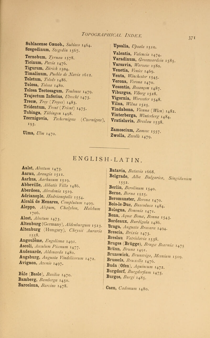 Sublacense Coenob., Subiaco 1464. Szegedinum, Szeged in 1567. Ternobum, Tyrnau 1578. Ticinum, Payia 1476. Tigurum, Zurich 1504. Timalinum, Puebla de Navia 1612. Toletum, Toledo i486. Tolosa, Tolosa 1480. Tolosa Tectosagum, Toulouse 1479. Trajectum Inferius, Utrecht 1473. Trecae, Troy (Trqyes) 1483. Tridentum, Trent (Trient) 1475. Tubinga, Tubingen 1498. Tzernigovia, Tschernigow (Czernigow] J93- Ulma, W« 1470. 5/ Upsalia, Upsala 1510. Valentia, Valencia 1474. Varadinum, Grosswardein 1585. : Varsavia, W^/W7C, I5s0. Venetia, Venice 1469. Venta, Winchester 1545. Verona, FWia 1470. Vesontio, Besangon 1487. Viburgus, Fifo,-^ i528. Vigornia, Worcester 1548. Vilna, W;Ztf 1525. Vindabona, P%»«a(JF,v„) I4g2. Vinterberga, Winterberg 1484. Vratislavia, Breslau 1538. Zamoscium, Zz//Wjf I557. Zwolla, Zzw/& 1479. ENGLISH-LATIN Aalst, Alostum 1473. Aarau, Araugia 1511. Aarhus, Aarhusum 1519. Abbeville, ^Wa/ft Fz7/a i486. Aberdeen, Abredonia 1519. Adrianople, Hadrianopolis 1554. Alcala de Henares, Complutum 1499. Aleppo, .-J/^ffl, Chalybon, Halebum 1706. Alost, Alostum 1473. Altenburg (Germany), Aldenburgum 1523. Altenburg (Hungary), CArj/«y ^rarziz 1558. Angouleme, Engolisma 1491. Ascoli, Asculum Pieenum 1+77. Audenarde, Aldenarda 1480. Augsburg, Augusta Vindelicorum 1472. Avignon, ^zr«/f 1497. Bale (Basle), Basilea 1470. Bamberg, Bamberga 1450. Barcelona, Bareino 1478. Batavia, Batavia 1668. Belgrade, ^ Aift^to, SingUunum Berlin, Berolinum 1540. Berne, Aw/a i525. Beromunster, .£m»i<i 1470. I Bois-le-Duc, Buscoduca 1484. .' Bologna, Bononia 1471. Bonn, ^<z ^WW8j ^;?;/a I5+j Bordeaux, Burdigala i486. Braga, Augusta Bracara 1494. Brescia, Brixia 1473. Breslau Vatrislavia 1538. Bruges (Brugge), 2?™^ #«„„* r -- Briinn, ^nwza 1491. Brunswick, Brunsviga, Mesnium 1509 Brussels, Bruxella 1476. Buda (Ofen), Aquincum 1472. Burgdorf, Burgdorfium 14-5. Burgos, 7?/,/^/ i485. Caen, Cadomum 1480.