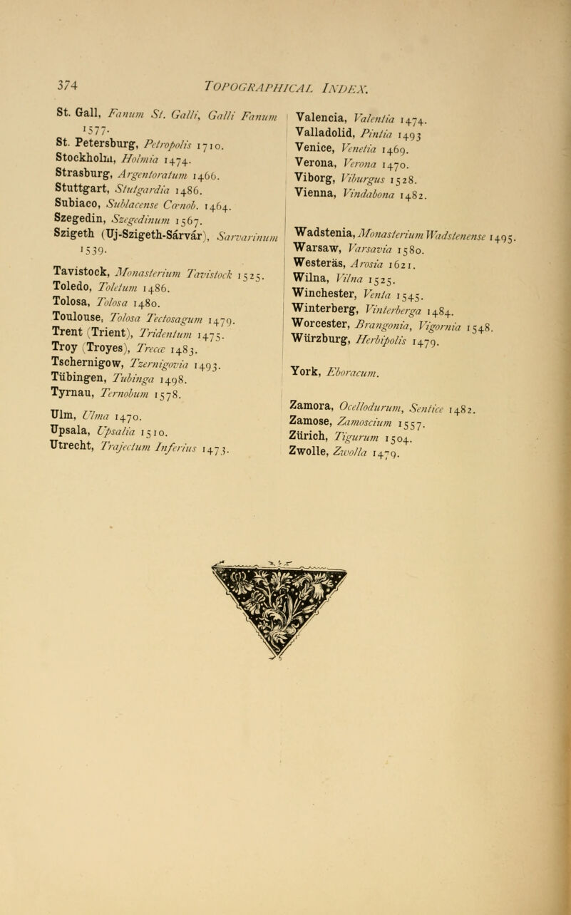 St. Gall, Fanum St. Gallt\ Galli Fanum '577- St. Petersburg, Pettvpolis 1710. Stockholm, Holmia 1474. Strasburg, Argentoratum 1466. Stuttgart, Stutgardia i486. Subiaco, Sublacense Co-nob. 1464. Szegedin, Szeged in urn 1567. Szigeth (Uj-Szigeth-Sarvar), Sarvarinum J539- Tavistock, Monasterium Tavistock 1525. Toledo, Toletum i486. Tolosa, 77vW 1480. Toulouse, Tolosa Tectosagum 1479. Trent (Trient), Tridentum 1475. Troy (Troyes), Trecce 1483. Tschernigow, Tzernigovia 1493. Tubingen, Tubinga 1498. Tyrnau, Ternobum 1578. Ulm, £7w<? 1470. Upsala, Upsalia 1510. Utrecht, Trajectum Inferius 1475. Valencia, Valentin 1474. Valladolid, /Y»/ziz 1493 Venice, F%»*/mi 1469. Verona, f^o«(r 1470. Viborg, J'iburgus 1528. Vienna, Vindabona 1482. Wadstenia, Monasterium Wadslenense 1495. Warsaw, Varsavia 1580. Westeras, ^ro«'a 1621. Wilna, n//;<? 1525. Winchester, PW« 1545. Winterberg, Vinterberga 1484. Worcester, Brangonia, Vigornia 1548. Wurzburg, Herbipolis 1479. York, £2, oraenm. Zamora, Ocellodurum, Sentice 1482. Zamose, Zamoscium 1557. Zurich, Tigurum 1504. Zwolle, Zwolla 1479.