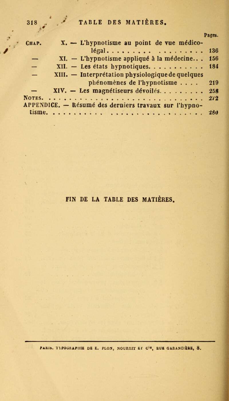 Pages. Chap. X. — L'hypnotisme au point de vue médico- légal 136 — XI. — L'hypnotisme appliqué à la médecine.. . 156 — XII. — Les états hypnotiques 184 — XIII. — Interprétation physiologique de quelques phénomènes de l'hypnotisme .... 219 — XIV. — Les magnétiseurs dévoilés 258 Notes 2/2 APPENDICE. — Résumé des derniers travaux sur l'hypno- tisme 'ISO FIN DE LA TABLE DES MATIÈRES. PAKli. TOPOGRAPHIE DE E. PLOK, NOURRIT El' C'*, BUE GAIUNCIERE, 8.