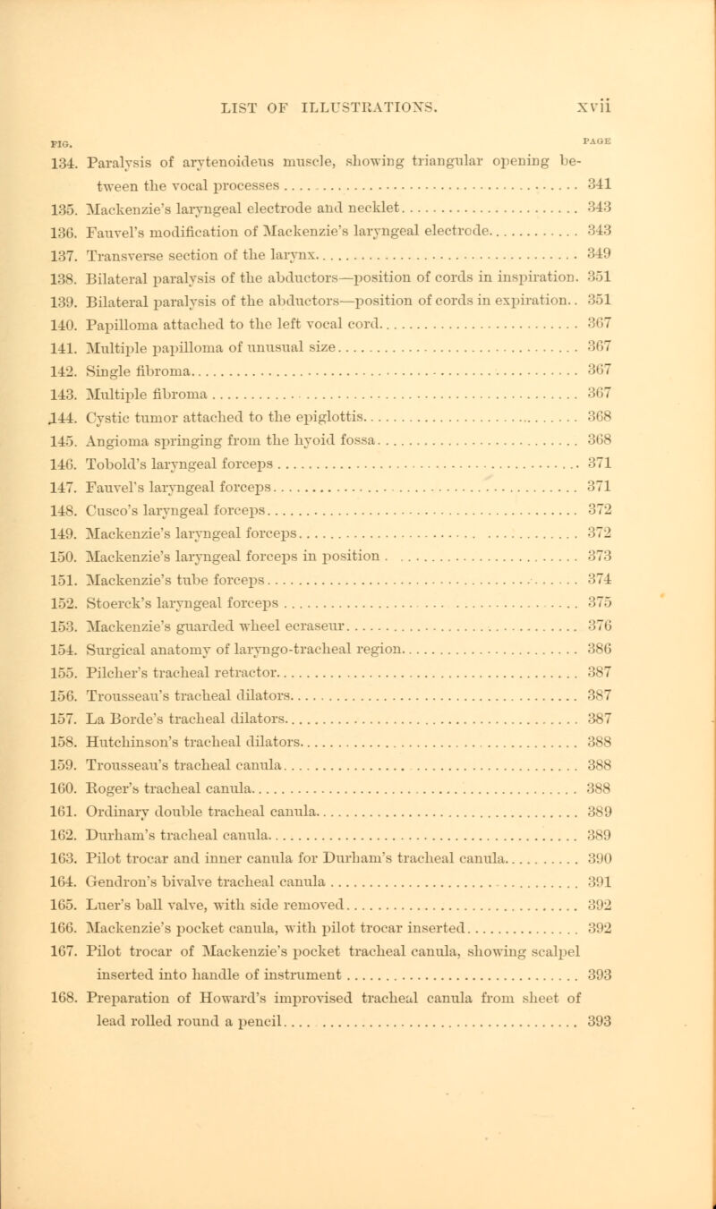 FIG. PAGE 134. Paralysis of arytenoideus muscle, showing triangular opening be- tween the vocal processes .... 341 135. Mackenzie's laryngeal electrode and necklet 343 136. Fauvel's modification of Mackenzie's laryngeal electrode. 343 137. Transverse section of the larynx 349 138. Bilateral paralysis of the abductors—position of cords in inspiration. 351 139. Bilateral paralysis of the abductors—position of cords in expiration.. 351 140. Papilloma attached to the left vocal cord 367 141. Multiple papilloma of unusual size 367 142. Single fibroma 367 143. Multiple fibroma 367 144. Cystic tumor attached to the epiglottis 368 145. Angioma springing from the hyoid fossa 368 146. Tobold's laryngeal forceps 371 147. Fauvel's laryngeal forceps 371 148. disco's laryngeal forceps 372 149. Mackenzie's laryngeal forceps 372 150. Mackenzie's laryngeal forceps in position 373 151. Mackenzie's tube forceps 374 152. Stoerck's laryngeal forceps 375 153. Mackenzie's guarded wheel ecraseur 376 154. Surgical anatomy of laryngotracheal region 386 155. Pilcher's tracheal retractor 387 156. Trousseau's tracheal dilators 387 157. La Borde's tracheal dilators 387 158. Hutchinson's tracheal dilators 388 159. Trousseau's tracheal canula 388 160. Roger's tracheal canula 388 161. Ordinary double tracheal canula 389 162. Durham's tracheal canula 389 163. Pilot trocar and inner canula for Durham's tracheal canula 390 164. Gendron's bivalve tracheal canula 391 165. Luer's ball valve, with side removed 392 166. Mackenzie's pocket canula, with pilot trocar inserted 392 167. Pilot trocar of Mackenzie's pocket tracheal canula, showing scalpel inserted into handle of instrument 393 168. Preparation of Howard's improvised tracheal canula from sheet of lead rolled round a pencil 393