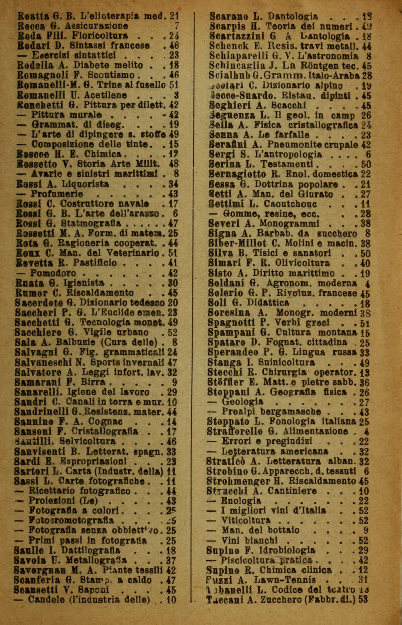 Rocca G. Assicurazione 7 Roda Fili. Floricoltura . . . 24 Rodar! D. Sintassi francese . 46 — Esercizi sintattici .... 23 Rodella A. Diabete m olito . .18 Romagnoli F. Scoutismo ... 46 Romanelli-M. G. Trine al fusello 51 Romanelli U. Acetilene ... 3 Ronchetti G. Pittura per dilett. 42 — Pittura murale .... - 42 — Grammat. di diseg. . . .19 — L'arte di dipingerò s. stoffe 49 — Composizione delle tinte. . 15 Roscoe H. E. Chimica. . . .42 Rossetto Y. Storia Arte Mllit. 48 — Ararle e sinistri marittimi . 8 Rossi A. Liquorista .... 34 — Profumerie 43 Rossi C. Costruttore navale . 17 Rossi G. B. L'arte dell'arazso. 6 Rossi G. Statmografia 47 bassotti M. A. Form, di matem. 25 Rota G. Ragioneria cooperat. . 44 Roux C. Man. del Veterinario. 51 Rsvetta R. Pastificio .... 41 — Pomodoro .42 Rnata G. Igienista 30 Rumor C. Riscaldamento . . 45 Sacerdote G. Dizionario tedesco 20 Saccheri P. G. L'Euclide emen. 28 Sacchetti G. Tecnologia monot. 49 Sacchi ero G. Vigile urbano . 52 Sala A. Balbuzie (Cura delle) . 8 Salvagni G. Fig. grammaticdi 24 Salvaneschi N. Sporta invernali 47 Salvatore A. Leggi infort. lav. 32 S amar ani F. Birra 9 Saltarelli. Igiene del lavoro . 29 Sandri C. Canali in terra e mur. 10 Sandrinelli G. Resistenz. mater. 44 Sannino F. A. Cognac ... 14 Sansoni F. Cristallografia . . 17 3&jiìiUi. Selvicoltura .... 46 San vigenti B. Letterat. spagn. 33 Sardi E. Espropriazioni ... 23 Sartori L. Carta (Industr. della) 11 Sassi L. Carte fotografiche. .11 — Ricettario fotografico ... 44 — Proiezioni (Le) 43 — Fotografia a colori.... 2^ — Foto sromoto grafia . . . - zò — Fotografia senza obbiettivo. 25 — Primi passi in fotografia . 25 Sanile I. Dattilografia ... 18 Savoia U. MetallograSa ... 37 Savorgnan M. A. Piante tessili 42 Scanferia G. Stamp. a caldo .47 Scansetti V. Saponi .... 45 — Candele (l'industria delle) , 10 Scarpis fl. Teoria dei numeri. L\i Scartazzini G A dantologia . il? Schenck E. Resis. travi metal!. 44 Schiaparelli G. V. L'astronomia 8 Schincaglia J. La Rontgen tee. 45 Scialimi) G.Gramm. Italo-Araba28 molari C. Dizionario alpino . 19 ideco-Snardo. Ristau. dipinti . 45 Soghieri A. Scacchi . . . , 45 Jeguenza L. Il geol. in camp 26 Bella A. Fisica cristallografica 24 Senna A. Le farfalle .... 23 Serafini A. Pneumonite crupale 42 Sergi S. L'antropologia .... 6 Serina L. Testamenti.... 50 Sernagiotto R. Enol. domestica 22 Sessa G. Dottrina popolare . . 21 Setti A. Man. del Giurato . . 27 Settimi L. Caoutchouc ... 11 — Gomme, resine, ecc. . .28 Severi A. Monogrammi ... 38 Signa A. Barbab. da zucchero 8 Siber-Millot C. Molini e macin. 38 Silva B. Tisici e sanatori . . 50 Simari F. R. Olivicoltura . . 40 Sisto A. Diritto marittimo . . 19 Soldani G. Agronom. moderna 4 Solerio G. P. Rivciuz. francese 45 Soli G. Didattica 18 Soresina A. Monogr. moderni 38 Spagnotti P. Verbi greci . . 51 Spampani G. Cultura montana 15 Spataro D. Fognat. cittadina 25 Sperandeo P. G. Lingua russa 33 Stanga I. Suinicoltura ... 49 Stecchi R. Chirurgia operator. 13 StBffler E. Matt. e pietre sabb. 36 Stoppani A. Geografia fisica . 26 — Geologia 27 — Prealpi bergamasche . . . 43 Stoppato L. Fonologia italiana 25 Straff creilo G. Alimentazione . 4 — Errori e pregiudizi . . .22 — Letteratura americana . . 32 Stratfcò A. Letteratura alban. 32 Strobino G. Apparecch. d. tessuti 6 Strohmenger H. Riscaldamento 45 Stracchi A. Cantiniere ... 10 — Enologia 22 — I migliori vini d'Italia . . 52 — Viticoltura 52 — Man. del bottaio .... 9 — Vini bianchì 52 Supino F. Idrobiologia ... 29 — Piscicoltura pratica . . . . 42 Snpino R. Chimica clinica . . 12 Puzzi A. Lawn-Tennis . . 31 \ ibanelli L. Codice del teatro io Tdccani A. Zucchero (Fabbr.di.) 53