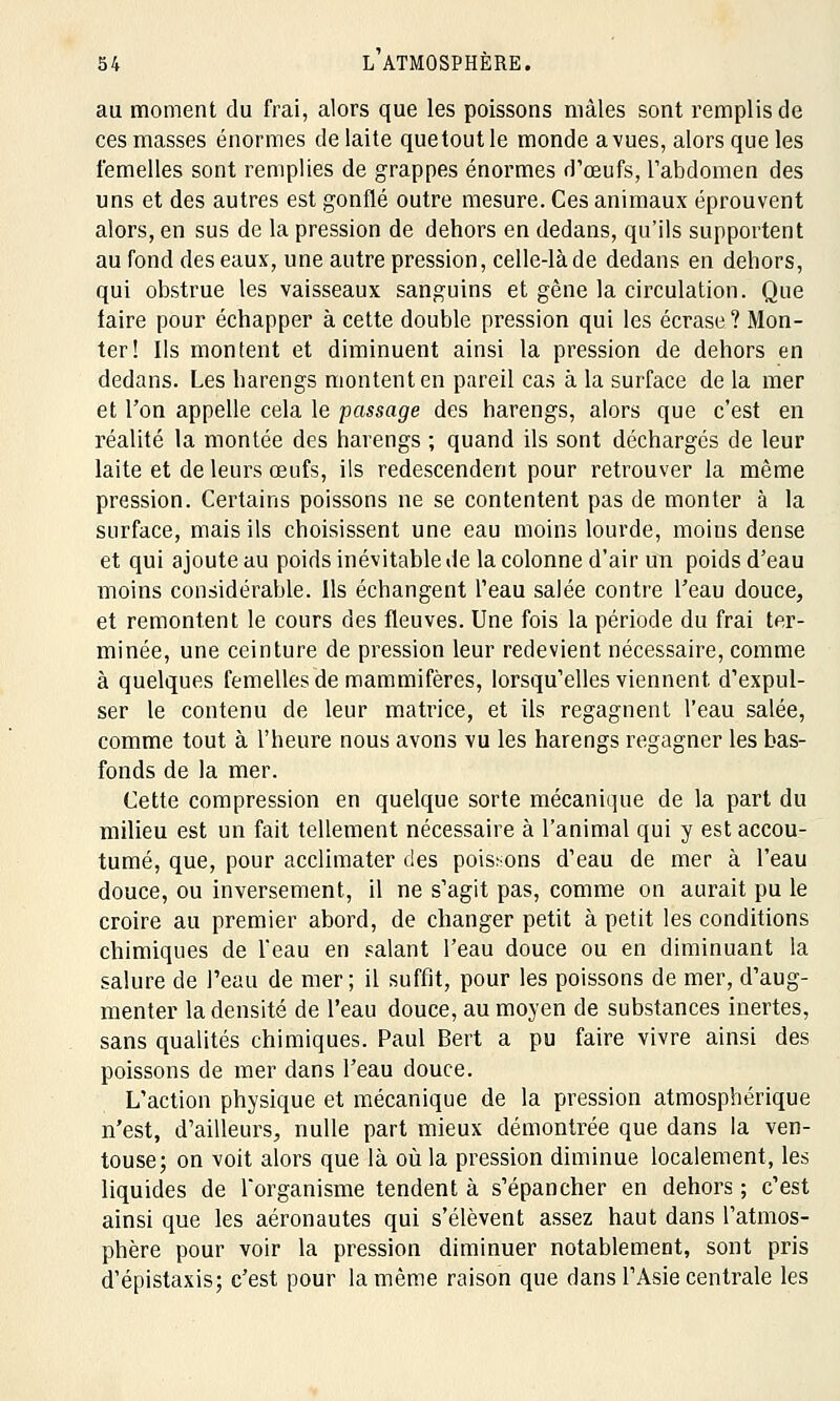au moment du frai, alors que les poissons mâles sont remplis de ces masses énormes de laite quetout le monde a vues, alors que les femelles sont remplies de grappes énormes d'œufs, l'abdomen des uns et des autres est gonflé outre mesure. Ces animaux éprouvent alors, en sus de la pression de dehors en dedans, qu'ils supportent au fond des eaux, une autre pression, celle-là de dedans en dehors, qui obstrue les vaisseaux sanguins et gêne la circulation. Que faire pour échapper à cette double pression qui les écrase? Mon- ter! Ils montent et diminuent ainsi la pression de dehors en dedans. Les harengs montent en pareil cas à la surface de la mer et l'on appelle cela le passage des harengs, alors que c'est en réalité la montée des harengs ; quand ils sont déchargés de leur laite et de leurs œufs, ils redescendent pour retrouver la même pression. Certains poissons ne se contentent pas de monter à la surface, mais ils choisissent une eau moins lourde, moins dense et qui ajoute au poids inévitable de la colonne d'air un poids d'eau moins considérable. Ils échangent l'eau salée contre l'eau douce, et remontent le cours des fleuves. Une fois la période du frai ter- minée, une ceinture de pression leur redevient nécessaire, comme à quelques femelles de mammifères, lorsqu'elles viennent d'expul- ser le contenu de leur matrice, et ils regagnent l'eau salée, comme tout à l'heure nous avons vu les harengs regagner les bas- fonds de la mer. Cette compression en quelque sorte mécanique de la part du milieu est un fait tellement nécessaire à l'animal qui y est accou- tumé, que, pour acclimater des poissons d'eau de mer à l'eau douce, ou inversement, il ne s'agit pas, comme on aurait pu le croire au premier abord, de changer petit à petit les conditions chimiques de l'eau en salant l'eau douce ou en diminuant la salure de l'eau de mer; il suffit, pour les poissons de mer, d'aug- menter la densité de l'eau douce, au moyen de substances inertes, sans qualités chimiques. Paul Bert a pu faire vivre ainsi des poissons de mer dans l'eau douce. L'action physique et mécanique de la pression atmosphérique n'est, d'ailleurs, nulle part mieux démontrée que dans la ven- touse; on voit alors que là où la pression diminue localement, les liquides de l'organisme tendent à s'épancher en dehors ; c'est ainsi que les aéronautes qui s'élèvent assez haut dans l'atmos- phère pour voir la pression diminuer notablement, sont pris d'épistaxis; c'est pour la même raison que dans l'Asie centrale les