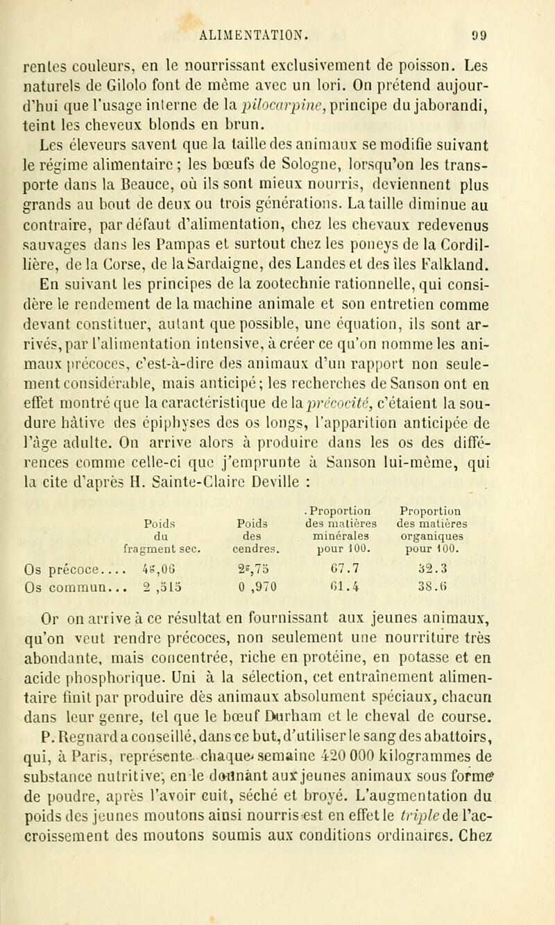 renies couleurs, en le nourrissant exclusivement de poisson. Les naturels de Gilolo font de même avec un lori. On prétend aujour- d'hui que l'usage interne de lapilocarpine, principe du jaborandi, teint les cheveux blonds en brun. Les éleveurs savent que la taille des animaux se modifie suivant le régime alimentaire ; les bœufs de Sologne, lorsqu'on les trans- porte dans la Beauce, où ils sont mieux nourris, deviennent plus grands au bout de deux ou trois générations. La taille diminue au contraire, par défaut d'alimentation, chez les chevaux redevenus sauvages dans les Pampas el surtout chez les poneys de la Cordil- lière, de la Corse, de laSardaigne, des Landes et des îles Falkland. En suivant les principes de la zootechnie rationnelle, qui consi- dère le rendement de la machine animale et son entretien comme devant constituer, autant que possible, une équation, ils sont ar- rivés, par l'alimentation intensive, à créer ce qu'on nomme les ani- maux précoces, c'est-à-dire des animaux d'un rapport non seule- ment considérable, mais anticipé ; les recherches de Sanson ont en effet montré que la caractéristique de la précocité, c'étaient la sou- dure hâtive des épiphyses des os longs, l'apparition anticipée de l'âge adulte. On arrive alors à produire dans les os des diffé- rences comme celle-ci que j'emprunte à Sanson lui-même, qui la cite d'après H. Sainte-Claire Deville : Os précoce.. Os commun. Poids du fragment sec. . 46,06 . 2 ,515 Poids de9 cendres. 2*, 7 5 0 ,970 .Proportion des matières minérales pour 100. G7.7 61.4 Proportion des matières organiques pour 100. 32.3 38.0 Or on arrive à ce résultat en fournissant aux jeunes animaux, qu'on veut rendre précoces, non seulement une nourriture très abondante, mais concentrée, riche en protéine, en potasse et en acide phosphorique. Uni à la sélection, cet entraînement alimen- taire finit par produire dès animaux absolument spéciaux, chacun dans leur genre, tel que le bœuf Durham et le cheval de course. P. Regnard a conseillé, dans ce but, d'utiliser le sang des abattoirs, qui, à Paris, représente- chaque' semaine 420 000 kilogrammes de substance nutritive-, enle donnant aux* jeunes animaux sous forme* de poudre, après l'avoir euit, séché et broyé. L'augmentation du poids des jeunes moutons ainsi nourris^est en effet le triple de l'ac- croissement des moutons soumis aux conditions ordinaires. Chez