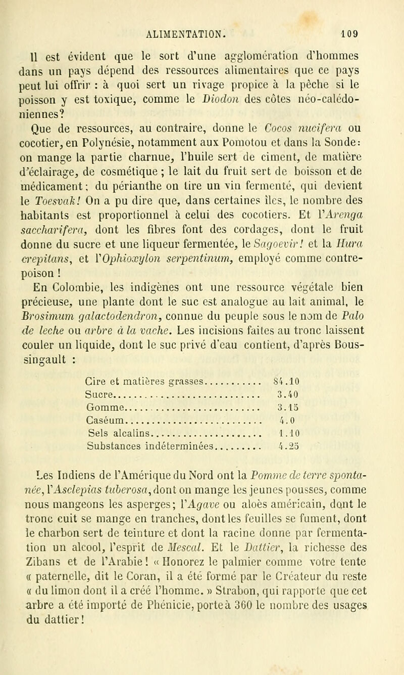 11 est évident que le sort d'une agglomération d'hommes dans un pays dépend des ressources alimentaires que ce pays peut lui offrir : à quoi sert un rivage propice à la pèche si le poisson y est toxique, comme le Diodon des côtes néo-calédo- niennes? Que de ressources, au contraire, donne le Cocos nucifera ou cocotier, en Polynésie, notamment aux Pomotou et dans la Sonde: on mange la partie charnue, l'huile sert de ciment, de matière d'éclairage, de cosmétique ; le lait du fruit sert de boisson et de médicament ; du périanthe on lire un vin fermenté, qui devient le Toesvak! On a pu dire que, dans certaines îles, le nombre des habitants est proportionnel à celui des cocotiers. Et VArcnga saccharifera, dont les fibres font des cordages, dont le fruit donne du sucre et une liqueur fermentée, le Sagoevir ! et la Hura crepitans, et VOphioxylon serpentinum, employé comme contre- poison ! En Colombie, les indigènes ont une ressource végétale bien précieuse, une plante dont le suc est analogue au lait animal, le Brosimum galactoclendron, connue du peuple sous le nom de Palo de lèche ou arbre à la vache. Les incisions faites au tronc laissent couler un liquide, dont le suc privé d'eau contient, d'après Bous- singault : Cire et matières grasses Si .10 Sucre 3.40 Gomme „ 3.15 Caséum 4.0 Sels alcalins 1.10 Substances indéterminées 4.25 Les Indiens de l'Amérique du Nord ont la Pomme de terre sponta- née, YAsclepias tuberosa, dont on mange les jeunes pousses, comme nous mangeons les asperges; VAgave ou aloès américain, dont le tronc cuit se mange en tranches, dont les feuilles se fument, dont le charbon sert de teinture et dont la racine donne par fermenta- tion un alcool, l'esprit de Mescal. Et le Dattier, la richesse des Zibans et de l'Arabie! « Honorez le palmier comme votre tente « paternelle, dit le Coran, il a été formé par le Créateur du reste « du limon dont il a créé l'homme. » Strabon, qui rapporte que cet arbre a été importé de Phénicie, porte à 360 le nombre des usages du dattier!