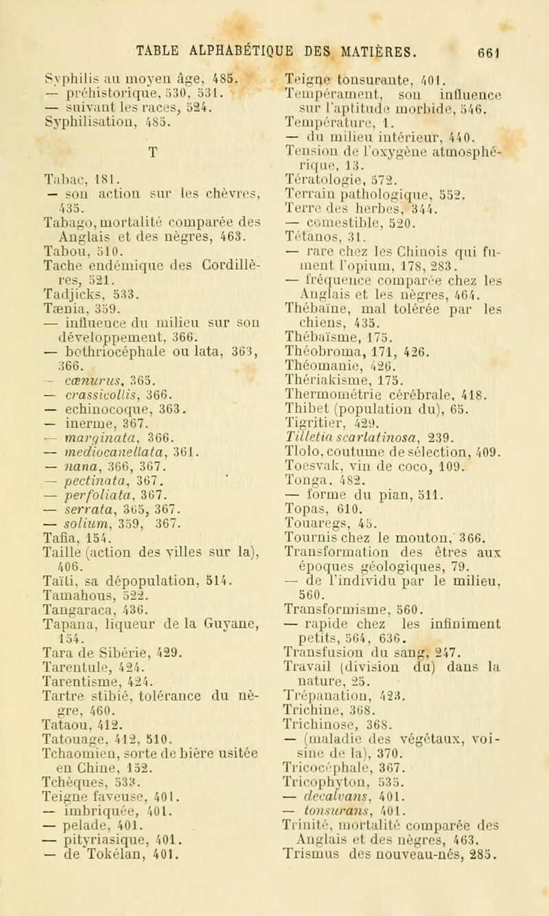 Syphilis au moyen âge, 485. — préhistorique, 530, 531. — suivant les races, 524. Syphilisation, 485. Tabac, L81. — sou action sur les chèvres, 435. Tabago, mortalité comparée des Anglais et des nègres, 463. Tabou, 510. Tache endémique des Cordillè- res, 321. Tadjicks, 533. Taenia. 359. — influence dii milieu sur sou développement, 366. — bothriocéphale ou lata, 363, 366. — cœnurus, 365. — crassicollis, 366. — eehinocoque, 363. — inerme. 367. — marginata, 366. — mediocanellata, 361. — nana, 366, 367. — pecti?iata, 367. — pevfoliata, 3G7. — serrata, 305, 367. — solium, 359, 367. Tafia, 154. Taille faction des villes sur la), 406. Taïli. sa dépopulation, 514. Tamahous, 522. Tangaraca, 436. Tapana, liqueur de la Guyane, 154. Tara de Sibérie, 429. Tarentule, 424. Tarentisme, 424. Tartre stibié, tolérance du nè- gre, 460. Tataou, 412. Tatouage. 412. 510. Tchaomii'ii. muIc >]<■ bière usitée en Chine, 152. Tchèques, 533. Teigne faveuse, 401. — imbriquée, 401. — pelade, 401. — pityriasique, 401. — de Tokélan, 401. Teigne lonsurante, 401. Tempérament, son influence. sur l'aptitude morbide, 546. Température, 1. — du milieu intérieur, 440. Tension de l'oxygène atinosphé- rique, 13. Tératologie, 572. Terrain pathologique, 552. Terre des herbes, 344. — comestible, 520. Tétanos, 31. — rare chez les Chinois qui fu- menl l'opium, 178, 283. — fréquence comparée chez les Anglais et les nègres, 464. Thébaïne, mal tolérée par les chiens, 435. Thébaïsme, 175. Théobroina, 171, 426. Théomanie, i26. Thériakisme, 175. Thermométrie cérébrale, 418. Thibet (population du), 65. Tigritier, 429. Tuletia scarlathiosa, 239. Tlolo,coutume desélection, 409. Toesvak, vin de coco, 109. Tonga. 4S2. — l'orme du pian, 511. Topas, 610. Touaregs, 4b. Tournis chez le mouton,'366. Transformation des êtres aux époques géologiques, 79. — de l'individu par le milieu. 560. Transformisme, 560. — rapide chez les infiniment petits, 564, 636. Transfusion du sang, 247. Travail (division du) dans la nature, 25. Trépanation, 423. Trichine, 368. Trichinose, 36S. — (maladie des végétaux, voi- sine de la), 370. Tricocéphale, 367. Tricophyton, 535. — decalvans, 401. — tonsuféris, 401. Trinité, mortalité comparée îles Anglais el des nègres, 463. Trismus des nouveau-nés, 285.