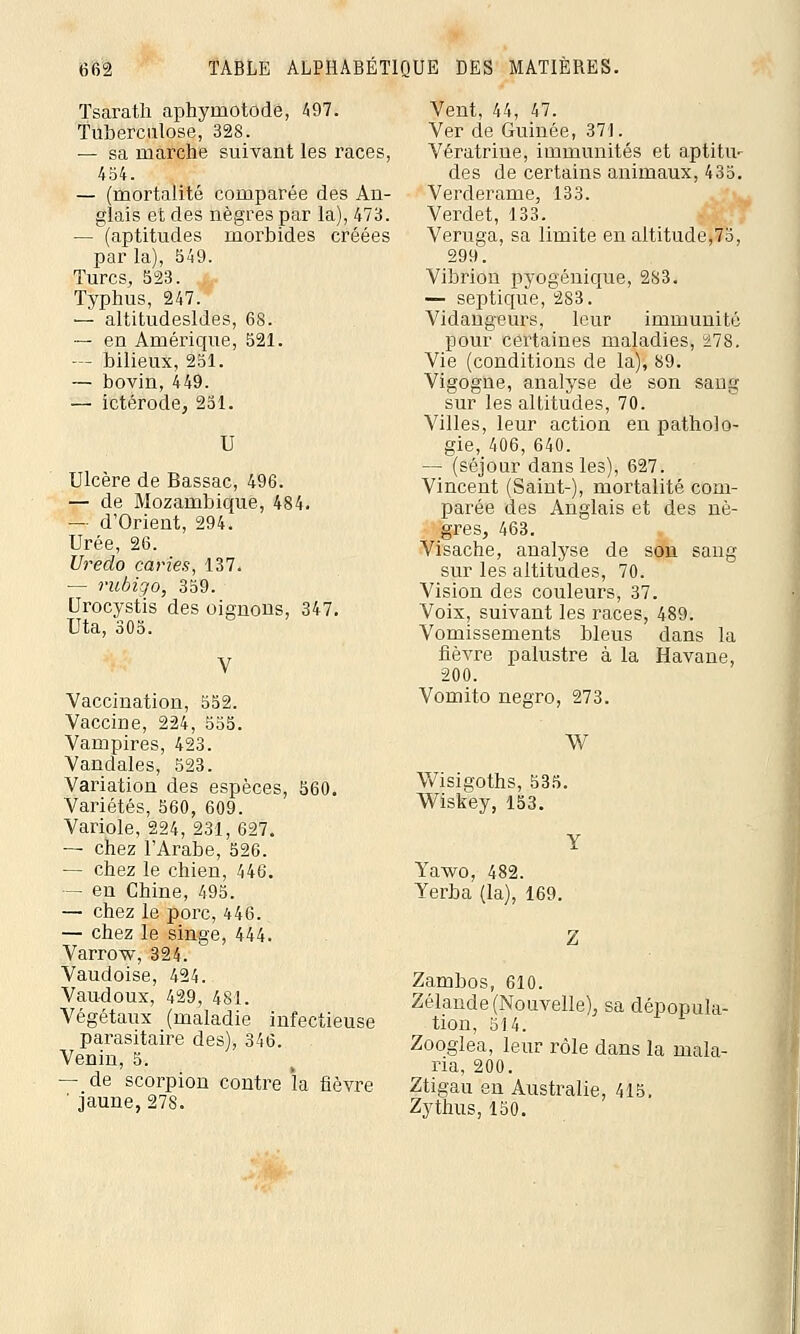 Tsarath aphymotode, 497. Tuberculose, 328. — sa marche suivant les races, 454. — (mortalité comparée des An- glais et des nègres par la), 473. — (aptitudes morbides créées par la), 549. Turcs, 523. , Typhus, 247. — altitudesldes, 68. — en Amérique, 521. — bilieux, 251. — bovin, 449. — ictérode, 251. U Ulcère de Bassac, 496. — de Mozambique, 484. — d'Orient, 294. Urée, 26. Uredo caries, 137. — rubigo, 359. Urocystis des oignons, 347. Uta, 305. Vaccination, 552. Vaccine, 224, 555. Vampires, 423. Vandales, 523. Variation des espèces, 560. Variétés, 560, 609. Variole, 224, 231, 627. — chez l'Arabe, 526. — chez le chien, 446. — en Chine, 495. — chez le porc, 446. — chez le singe, 444. Varrow, 324. Vaudoise, 424. Vaudoux, 429, 481. Végétaux (maladie infectieuse parasitaire des), 346. Venin, 5. — de scorpion contre la fièvre ' jaune, 27S. Vent, 44, 47. Ver de Guinée, 371. Vératrine, immunités et aptitu- des de certains animaux, 435. Verderame, 133. Verdet, 133. Veruga, sa limite en altitude,75, 299. Vibrion pyogénique, 283. — septique, 283. Vidangeurs, leur immunité pour certaines maladies, 178. Vie (conditions de la), 89. Vigogne, analyse de son sang sur les altitudes, 70. Villes, leur action en patholo- gie, 406, 640. — (séjour dans les), 627. Vincent (Saint-), mortalité com- parée des Anglais et des nè- gres, 463. Visache, analyse de son sang sur les altitudes, 70. Vision des couleurs, 37. Voix, suivant les races, 489. Vomissements bleus dans la fièvre palustre à la Havane, 200. Vomito negro, 273. W Wisigoths, 535. Wiskey, 153. Yawo, 482. Yerba (la), 169. Zambos, 610. Zélande (Nouvelle), sa dépopula- tion, 514. Zooglea, leur rôle dans la mala- ria, 200. Ztigau en Australie, 415. Zythus, 150.