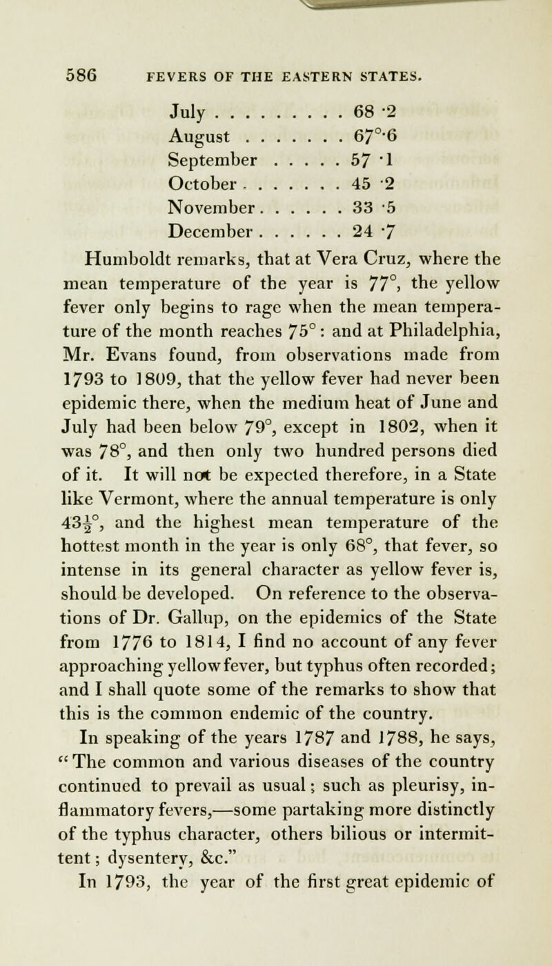 July 68 2 August 67°6 September 57 '1 October , . 45 2 November 33 5 December 24 *7 Humboldt remarks, that at Vera Cruz, where the mean temperature of the year is 77°, the yellow fever only begins to rage when the mean tempera- ture of the month reaches 75°: and at Philadelphia, Mr. Evans found, from observations made from 1793 to 1809, that the yellow fever had never been epidemic there, when the medium heat of June and July had been below 79°, except in 1802, when it was 78°, and then only two hundred persons died of it. It will not be expected therefore, in a State like Vermont, where the annual temperature is only 43^°, and the highest mean temperature of the hottest month in the year is only 68°, that fever, so intense in its general character as yellow fever is, should be developed. On reference to the observa- tions of Dr. Gallup, on the epidemics of the State from 1776 to 1814, I find no account of any fever approaching yellow fever, but typhus often recorded; and I shall quote some of the remarks to show that this is the common endemic of the country. In speaking of the years 1787 and 1788, he says,  The common and various diseases of the country continued to prevail as usual; such as pleurisy, in- flammatory fevers,—some partaking more distinctly of the typhus character, others bilious or intermit- tent ; dysentery, &c. In 1793, the year of the first great epidemic of