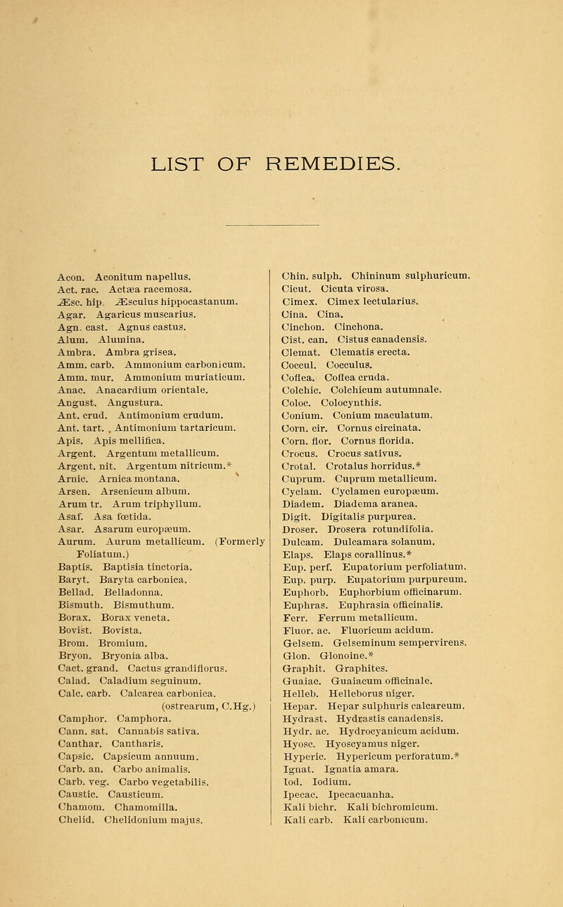 LIST OF REMEDIES. Aeon. Aconitum napellus. Act. rac. Actaea racemosa. JEsc. hip. JEsculus hippocastanum. Agar. Agaricus muscarius. Agn. cast. Agnus castus. Alum. Alumina. Ambra. Ambra grisea. Amm. carb. Ammonium earbonicum. Amm. mur. Ammonium muriaticum. Anae. Anacardium orientale. August. Angustura. Ant. erud. Antimonium crudum. Ant. tart. . Antimonium tartaricum. Apis. Apis mellifica. Argent. Argentum metallicum. Argent, nit. Argentum nitricum.* Arnic. Arnica montana. Arsen. Arsenicum album. Arum tr. Arum triphyllum. Asaf. Asa foetida. Asar. Asarum europium. Aurum. Aurum metallicum. (Formerly Foliatuni.) Baptis. Baptisia tinctoria. Baryt. Baryta carbonica. Bellad. Belladonna. Bismuth. Bismuthum. Borax. Borax veneta. Bovist. Bovista. Brom. Bromium. Bryon. Bryonia alba. Cact. grand. Cactus grandiflorus. Calad. Caladium seguinum. Calc. carb. Calcarea carbonica. (ostrearum, C.Hg.) Camphor. Camphora. Cann. sat. Cannabis sativa. Canthar. Cantharis. Capsic. Capsicum annuum. Carb. an. Carbo animalis. Carb. veg. Carbo vegetabilis. Caustic. Causticum. Chamom. Chamomilla. Chelid. Chelidonium majus. Chin, sulph. Chininum sulphuricum. Cicut. Cicuta virosa. Cimex. Cimex lectularius. Cina. Cina. Cinchon. Cinchona. Cist. can. Cistus canadensis. Clemat. Clematis erecta. Coccul. Cocculus. Coflea. Coflea cruda. Colonic. Colchicum autumnale. Coloc. Colocynthis. Conium. Conium maculatum. Corn. cir. Cornus circinata. Corn. flor. Cornus florida. Crocus. Crocus sativus. Crotal. Crotalus horridus.* Cuprum. Cuprum metallicum. Cyclam. Cyclamen europseuni. Diadem. Diadema aranea. Digit. Digitalis purpurea. Droser. Drosera rotundifolia. Dulcam. Dulcamara solanum. Elaps. Elaps corallinus.* Eup. perf. Eupatorium perfoliatum. Eup. purp. Eupatorium purpureum. Euphorb. Euphorbium ofBcinarum. Euphras. Euphrasia officinalis. Ferr. Ferrum metallicum. Fluor, ac. Fluoricum acidum. Gelsem. G-elseminum sempervirens. Grlon. Glonoine.* Graphit. Graphites. Guaiac. Guaiacum officinale. Helleb. Helleborus niger. Hepar. Hepar sulphuris calcareum. Hydrast. Hydrastis canadensis. Hydr. ac. Hydrocyanicum acidum. Hyosc. Hyoscyamus niger. Hyperic. Hypericum perforatum.* Ignat. Ignatia amara. Tod. Iodium. Ipecac. Ipecacuanha. Kali bichr. Kali bichromicum. Kali carb. Kali earbonicum.