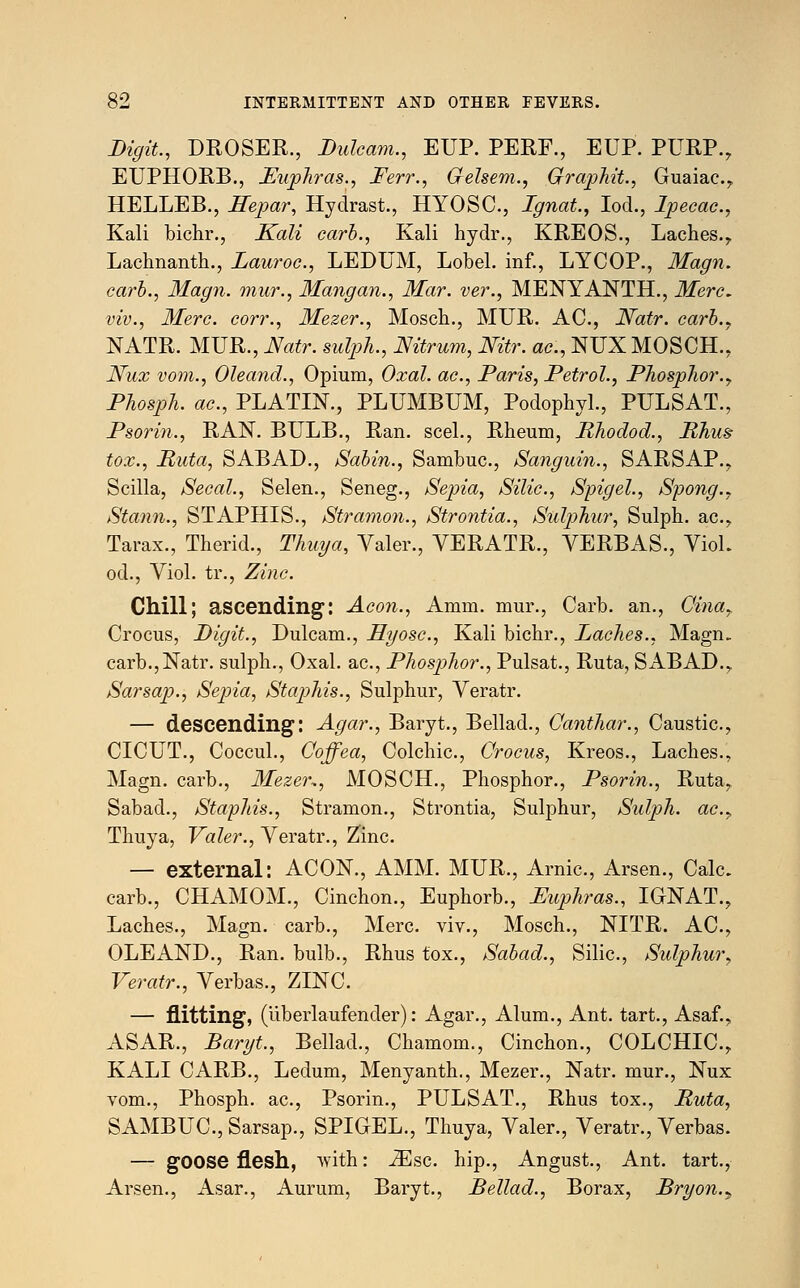 Digit., DROSER., Didcam., EUP. PERF., EUP. PURP., EUPHORB., Euphras., Ferr., G-elsem., Graphit., Guaiac, HELLEB., Hepar, Hydrast., HYOSC, Ignat., Iod., Ipecac, Kali bichr., Kali carb., Kali hydr., KREOS., Laches., Lachnanth., Lauroc, LEDUM, Lobel. inf., LYCOP., Magn. carb., Magn. mur., Mangan., Mar. ver., MENYANTH., Merc. viv., Merc, corr., Mezer., Mosch., MUR. AC, Natr. carb., NATR. MUR., Natr. sulph., Nitrum, Nitr. ac, NUX MOSCH., Nux vom., Oleand., Opium, Oxal. ac, Paris, Petrol., Phosphor., Phosph. ac, PLATIN., PLUMBUM, Podophyl., PULSAT., Psorin., RAN. BULB., Ran. seel., Rheum, Rhodod., Rhus tox., Ruta, SABAD., Sabin., Sambuc, Sangirin., SARSAP., Scilla, Secal., Selen., Seneg., Sepia, Silic, Spigel., Spong., Stann., STAPHIS., Stramon., Strontia., Sidp>hur, Sulph. ac., Tarax., Therid., Thuya, Valer., YERATR., VERBAS., YioL od., Yiol. tr., Zinc Chill; ascending: Aeon., Amm. mur., Carb. an., Oina, Crocus, Digit., Dulcam., Hyosc, Kali bichr., Laches., Magn. carb.,Natr. sulph., Oxal. ac, Phosphor., Pulsat., Ruta, SABAD.. Sarsap., Sepia, Staphis., Sulphur, Veratr. — descending: Agar., Baryt., Bellad., Canthar., Caustic, CICUT., Coccul., Coffea, Colchic, Crocus, Kreos., Laches., Magn. carb., Mezer-., MOSCH., Phosphor., Psorin., Ruta, Sabad., Staphis., Stramon., Strontia, Sulphur, Sulph. ac* Thuya, Valer., Yeratr., Zinc. — external: ACON., AMM. MUR., Arnic, Arsen., Calc carb., CHAMOM., Cinchon., Euphorb., Euphras., IGNAT., Laches., Magn. carb., Merc, viv., Mosch., NITR. AC, OLEAND., Ran. bulb., Rhus tox., Sabad., Silic, Sidphur, Veratr., Yerbas., ZINC. — flitting, (iiberlaufender): Agar., Alum., Ant. tart., Asaf., ASAR., Baryt., Bellad., Chamom., Cinchon., COLCHIC, KALI CARB., Ledum, Menyanth., Mezer., Natr. mur., Nux vom., Phosph. ac, Psorin., PULSAT., Rhus tox., Ruta, SAMBUC, Sarsap., SPIGEL., Thuya, Yaler., Yeratr., Yerbas. — goose flesh, with: iEsc. hip., Angust., Ant. tart., Arsen., Asar., Aurum, Baryt., Bellad., Borax, Bryon.^,