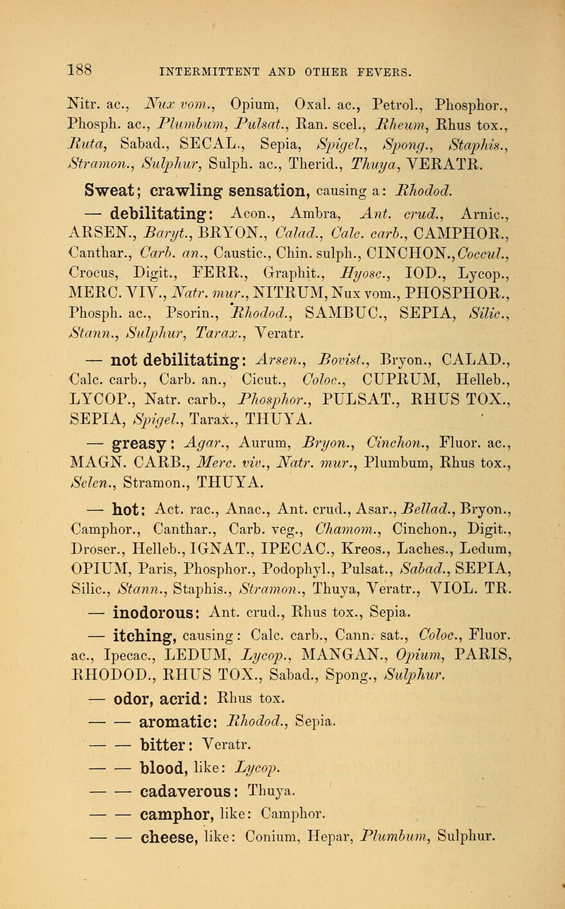 Nitr. ac, Nux vom., Opium, Oxal. ac, Petrol., Phosphor., Phosph. ac, Plumbum, Pulsat., Ran. seel., Rheum, Rhus tox., Ruta, Sabad., SECAL., Sepia, Spigel., Spong., Staphis., Stramon., Sulphur, Sulph. ac., Therid., Thuya, VERATR. Sweat; crawling sensation, causing a: Rhodod. — debilitating: Aeon., Ambra, Ant. crud., Arnic, ARSEN., Baryt., BRYON., Calad., Cole, carl., CAMPHOR., Oanthar., Carb. an., Caustic., Chin, sulph., CINCH.ON., Coccul., Crocus, Digit., FERR., Graphit., BTyosc, IOD., Lycop., MERC. VIV., Natr. mar., NITRUM, Nux vom., PHOSPHOR., Phosph. ac., Psorin., Rhodod., SAMBUC, SEPIA, Silic, Stann., Sulphur, Tarax., Veratr. — not debilitating: Arsen., Bovist., Bryon., CALAD., Calc. carb., Carb. an., Cicut., Coloc, CUPRUM, Helleb., LYCOP., Natr. carb., Phosphor., PULSAT., RHUS TOX., SEPIA, Spigel, Tarax., THUYA. — greasy: Agar., Aurum, Bryon., Cinchon., Fluor, ac, MAGN. CARB., Merc, viv., Natr. mur., Plumbum, Rhus tox., Selen., Stramon., THUYA. — hot: Act. rac, Anac, Ant. crud., Asar., Bellad., Bryon., Camphor., Canthar., Carb. veg., Chamom., Cinchon., Digit., Droser., Helleb., I GNAT., IPECAC, Kreos., Laches., Ledum, OPIUM, Paris, Phosphor., Podophyl., Pulsat., Sabad., SEPIA, Silic, Stann., Staphis., Stramon., Thuya, Veratr., VIOL. TR. — inodorous: Ant. crud., Rhus tox., Sepia. — itching, causing: Calc. carb., Cann. sat., Coloc, Fluor, ac, Ipecac, LEDUM, Lycop., MANGAN., Opium, PARIS, RHODOD., RHUS TOX., Sabad., Spong., Sulphur. — odor, acrid: Rhus tox. aromatic: Rhodod., Sepia. bitter: Veratr. blood, like: Lycop. cadaverous: Thuya. Camphor, like: Camphor. — — cheese, like: Conium, Hepar, Plumbum, Sulphur.