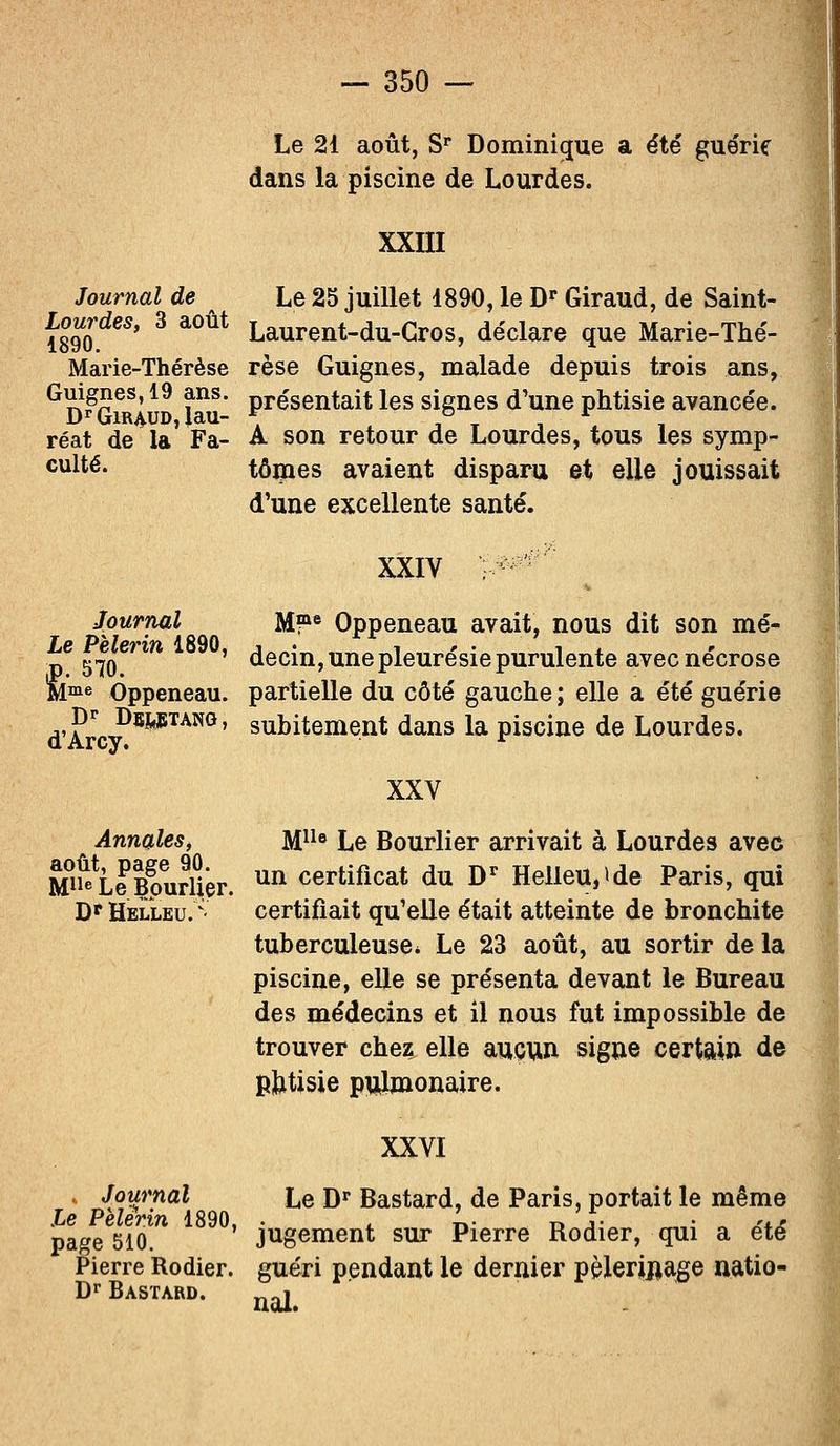 Le 21 août, Sr Dominique a été guérie dans la piscine de Lourdes. Journal de Lourdes, 3 août 1890. Marie-Thérèse Guignes, 19 ans. Dr Giraud, lau- réat de la Fa- culté. XXIII Le 25 juillet 1890, le Dr Giraud, de Saint- Laurent-du-Cros, déclare que Marie-Thé- rèse Guignes, malade depuis trois ans, présentait les signes d'une phtisie avancée. A son retour de Lourdes, tous les symp- tômes avaient disparu et elle jouissait d'une excellente santé. Journal Le Pèlerin 1890, |). 570. Mme Oppeneau. Dr DfikETANG, d'Arcy. Annales, août, page 90. Mlle Le Bourlier. Dr HÏELLEU.^ XXIV ;-■-- M?6 Oppeneau avait, nous dit son mé- decin, une pleurésie purulente avec nécrose partielle du côté gauche ; elle a été guérie subitement dans la piscine de Lourdes. XXV Mlle Le Bourlier arrivait à Lourdes avec un certificat du Dr Helleu,»de Paris, qui certifiait qu'elle était atteinte de bronchite tuberculeuse* Le 23 août, au sortir de la piscine, elle se présenta devant le Bureau des médecins et il nous fut impossible de trouver chez elle aucun signe certain de phtisie pulmonaire. . Journal le Pèlerin 1890, page 510. Pierre Rodier. Dr Bastard. XXVI Le Dr Bastard, de Paris, portait le même jugement sur Pierre Rodier, qui a été guéri pendant le dernier pèlerinage natio- nal.