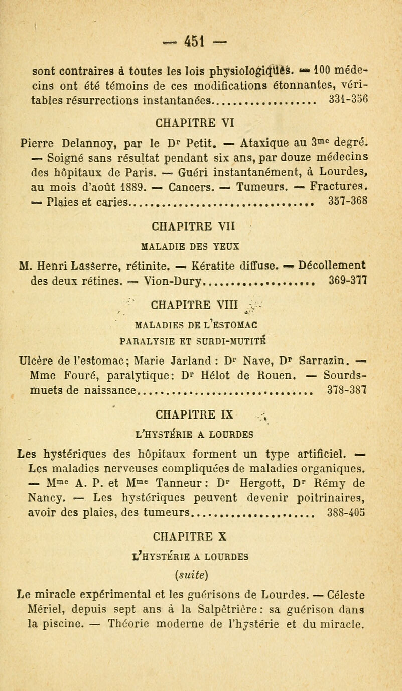 sont contraires à toutes les lois physiologiques. •* 100 méde- cins ont été témoins de ces modifications étonnantes, véri- tables résurrections instantanées 331-356 CHAPITRE VI Pierre Delannoy, par le Dr Petit. — Ataxique au 3me degré. — Soigné sans résultat pendant six ans, par douze médecins des hôpitaux de Paris. — Guéri instantanément, à Lourdes, au mois d'août 1889. — Cancers. — Tumeurs. — Fractures. — Plaies et caries 357-368 CHAPITRE VII MALADIE DES YEUX M. Henri Lasâerre, rétinite. — Kératite diffuse. — Décollement des deux rétines. — Vion-Dury 369-317 CHAPITRE VIII v* «s. MALADIES DE L'ESTOMAC PARALYSIE ET SURDI-MUTITÉ Ulcère de l'estomac; Marie Jarland : Dr Nave, Dr Sarrazin. — Mme Fouré, paralytique: Dr Hélot de Rouen. — Sourds- muets de naissance 378-387 CHAPITRE IX L'HYSTÉRIE A LOURDES Les hystériques des hôpitaux forment un type artificiel. — Les maladies nerveuses compliquées de maladies organiques. — Mme A. P. et Mme Tanneur : Dr Hergott, Dr Rémy de Nancy. — Les hystériques peuvent devenir poitrinaires, avoir des plaies, des tumeurs 388-405 CHAPITRE X L'HYSTÉRIE A LOURDES (suite) Le miracle expérimental et les guérisons de Lourdes. — Céleste Mériel, depuis sept ans à la Salpêtriôre : sa guérison dans la piscine. — Théorie moderne de l'hystérie et du miracle.