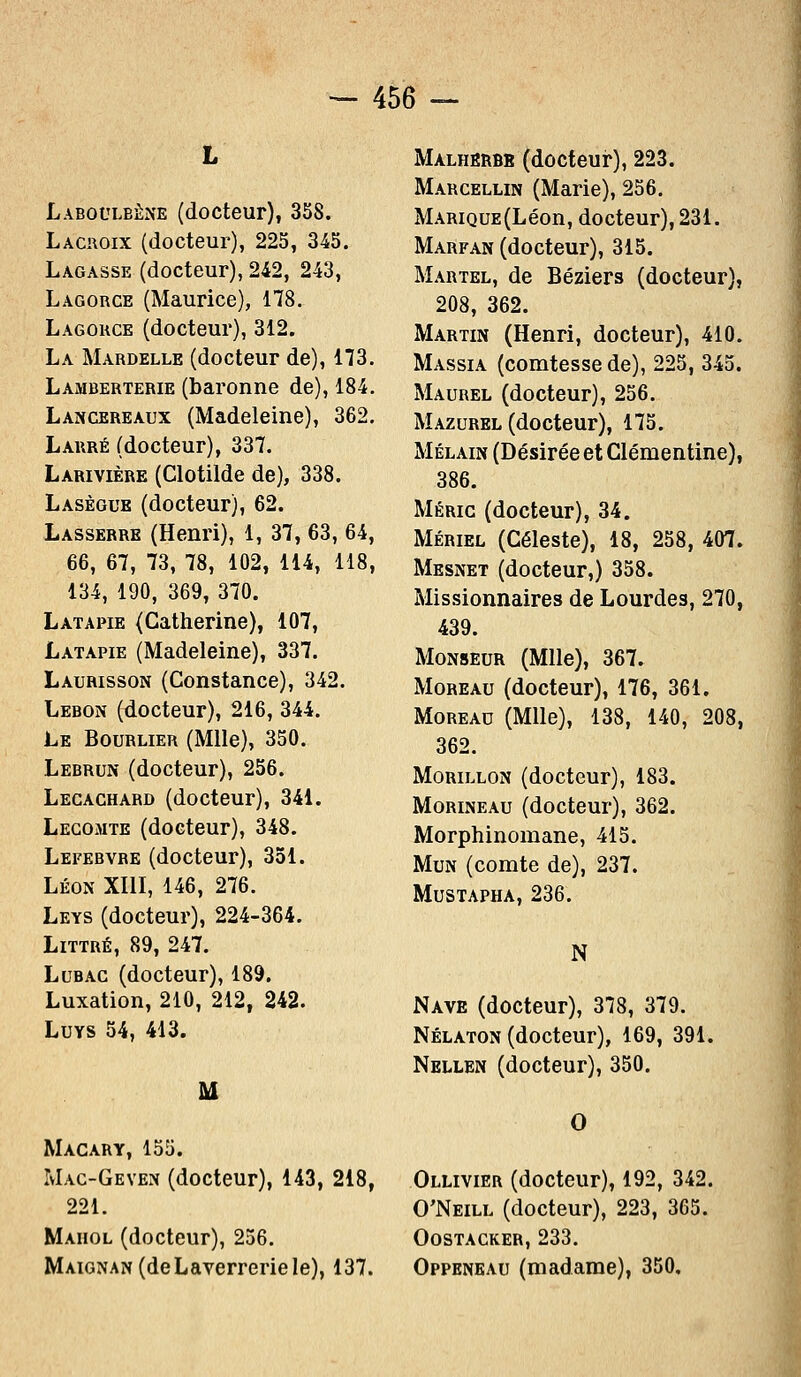 Làboùlbène (docteur), 358. Lacroix (docteur), 225, 345. Lagasse (docteur), 242, 243, Lagorce (Maurice), 178. Lagorce (docteur), 312. La Mardelle (docteur de), 173. Lamberterie (baronne de), 184. Lancereaux (Madeleine), 362. Larré (docteur), 337. Larivière (Clotilde de), 338. Lasègue (docteur), 62. Lassebre (Henri), 1, 37, 63, 64, 66, 67, 73, 78, 102, 114, 118, 134, 190, 369, 370. Latapie (Catherine), 107, Latapie (Madeleine), 337. Laurisson (Constance), 342. Lebon (docteur), 216, 344. Le Bourlier (Mlle), 350. Lebrun (docteur), 256. Lecachard (docteur), 341. Lecomte (docteur), 348. Lefebvre (docteur), 351. Léon XIII, 146, 276. Leys (docteur), 224-364. Littré, 89, 247. Lubac (docteur), 189. Luxation, 210, 212, 242. Luys 54, 413. M Macary, 155. Mac-Geven (docteur), 143, 218, 221. Mahol (docteur), 256. MAiGNAN(deLaverreriele), 137. Malherbe (docteur), 223. Marcellin (Marie), 256. MARiQUE(Léon, docteur), 231. Marfan (docteur), 315. Martel, de Béziers (docteur), 208, 362. Martin (Henri, docteur), 410. Massia (comtesse de), 225, 345. Maurel (docteur), 256. Mazurel (docteur), 175. Mélain (Désirée et Clémentine), 386. Méric (docteur), 34. Mériel (Céleste), 18, 258, 407. Mesnet (docteur,) 358. Missionnaires de Lourdes, 270, 439. Monseur (Mlle), 367. Moreau (docteur), 176, 361. Moreau (Mlle), 138, 140, 208, 362. Morillon (docteur), 183. Morineau (docteur), 362. Morphinomane, 415. Mun (comte de), 237. Mustapha, 236. N Nave (docteur), 378, 379. Nélaton (docteur), 169, 391. Nellen (docteur), 350. O Ollivier (docteur), 192, 342. O'Neill (docteur), 223, 365. OOSTACKER, 233. Oppeneau (madame), 350.