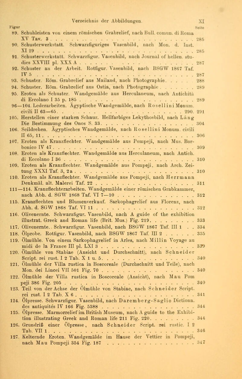 Figur Seite 89. Schuhleisten von einem römischen Grabrelief, nach Bull, comun. di Roma XV Tav. 3 286 90. Schusterwerkstatt. Sehwarzfiguriges Vasenbild, nach Mon. <l. Inst. XI 29 91. Schusterwerkstatt. Schwarzfigur. Vasenbild, nach Journal of hellen, stu- dies XXVIÜ pL XXX A 287 92. Schuster an der Arbeit. Kotfigur. Vasenbild, nach BSGW 1807 Taf. IV 5 287 1)3. Schuster. Köm. Grabrelief aus Mailand, nach Photographie 28£ 94. Schuster. Rom. Grabrelief aus Ostia, nach Photographie 289 95. Eroten als Schuster. Wandgemälde aus Herculaneum, nach Antichita di Ercolano I 35 p. 185 289 96—104. Lederarbeiten. Ägyptische Wandgemälde, nach Rosellini Monum. civili II 63—65 290. 201 105. Herstellen einer starken Schnur. Hellfarbiges Lekythosbild, nach Läng Die Bestimmung des Onos S. 33 304 106. Seildrehen. Ägyptisches Wandgemälde, nach Rosellini Monum. civili II 65, 11 306 107. Eroten als Kranzflechter. Wandgemälde aus Pompeji, nach Mus. Bor- bonico IV 47 309 108. Eroten als Kranzflechter. Wandgemälde aus Herculaneum, nach Antich. di Eccolano I 36 310 109. Eroten als Kranzflechter. Wandgemälde aus Pompeji, nach Arch. Zei- tung XXXI Taf. 3, 2 a 310 110. Eroten als Kranzflechter. Wandgemälde aus Pompeji, nach Herrmann Denkmal, alt, Malerei Taf. 22 311 111—114. Kranzflechterarbeiten. Wandgemälde einer römischen Grabkammer, nach Abh. d. SGW 1868 Taf. VI 7—10 312 115. Kranzflechten und Blumenverkauf. Sarkophagrelief aus Florenz, nach Abh. d. SGW 1868 Taf. VI 11 312 116. Olivenernte. Schwarzfigur. Vasenbild, nach A guide of the exhibition illustrat. Greek and Roman life (Brit. Mus.) Fig. 219 333 117. Olivenernte. Schwarzfigur. Vasenbild, nach BSGW 1867 Taf. III 1 . . 334 118. Ölprobe. Rotfigur. Vasenbild, nach BSGW 1867 Taf. III 2 335 119. Ölmühle. Von einem Sarkophagrelief in Arles, nach Miliin Voyage au midi de la France in pl. LXI 3 339 120. Ölmühle von Stabiae (Ansicht und Durchschnitt), nach Schneider Script, rei rust. I 2 Tab. X 1 u. 5 340 121. Ölmühle der Villa rustica in Boscoreale (Durchschnitt und Teile), nach Mon. dei Lincei VII 501 Fig. 70 340 122. Ölmühle der Villa rustica in Boscoreale (Ansicht), nach Mau Pom peji 386 Fig. 205 340 123. Teil von der Achse der Ölmühle von Stabiae, nach Schneider Script. rei rust. I 2 Tab. X 6 341 124. Ölpresse. Schwarzfigur. Vasenbild, nach Daremberg-Saglio Dictionn. des antiquite's IV 166 Fig. 5388 344 125. Ölpresse. Marmorrelief im British Museum, nach A guide to the Exhibi- tion illustrating Greek and Roman life 211 Fig. 220 344 126. Grundriß einer Ölpresse, nach Schneider Script, rei rustic. I 2 Tab. Vn 1 346 127. Kelternde Eroten. Wandgemälde im Hause der Vertier in Pompeji, nach Mau Pompeji 354 Fig. 187 347
